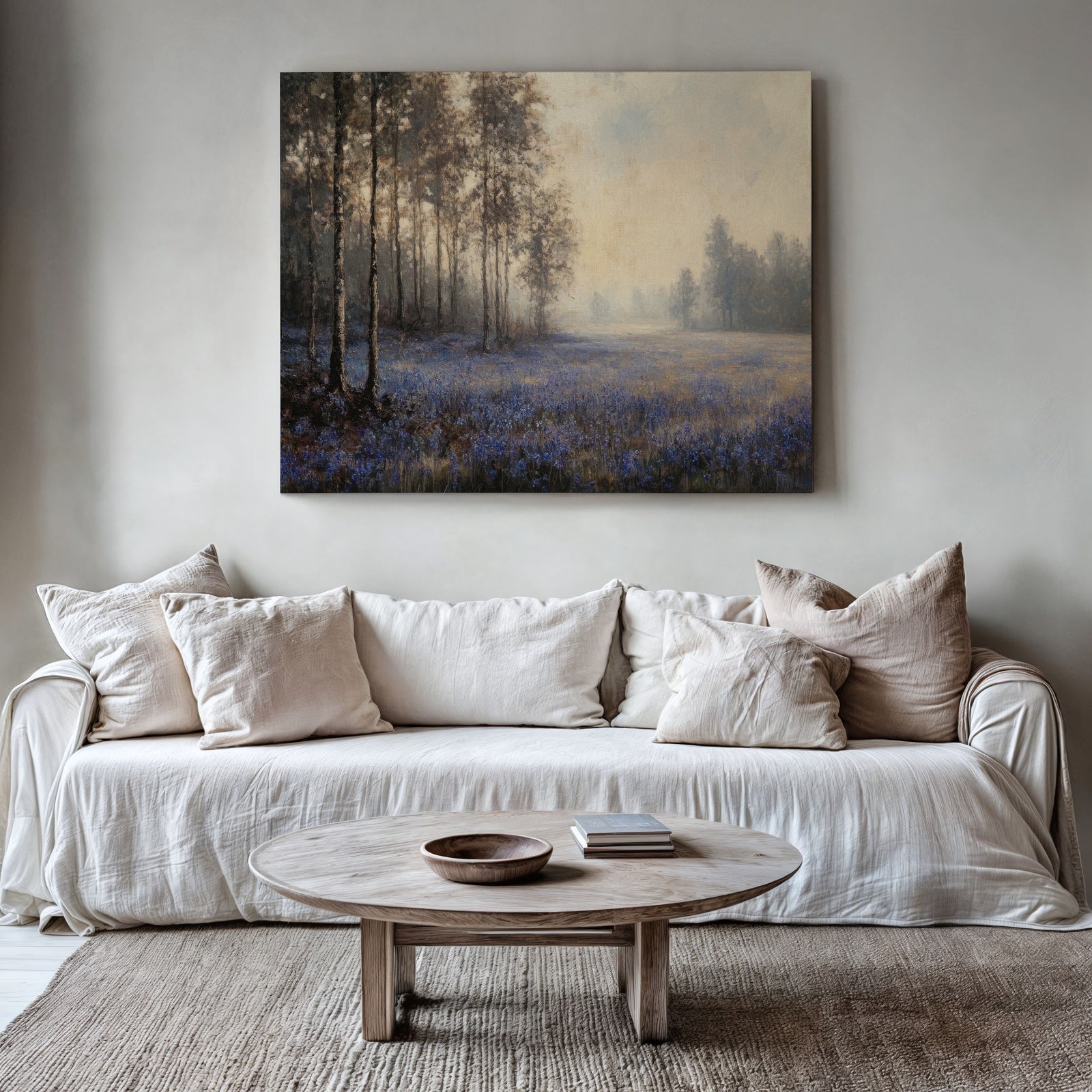 A minimalist living room in neutral tones featuring a framed digital art print of a misty forest with a field of purple wildflowers. The botanical landscape adds tranquility and natural beauty to the serene, modern decor