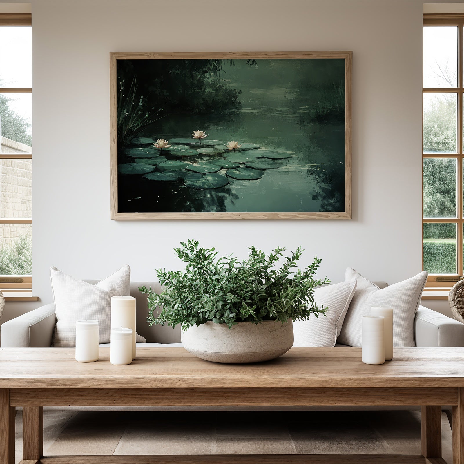 A modern living room with neutral decor featuring a framed digital art print of a tranquil pond with green lily pads and blooming white flowers. The botanical artwork adds a soothing, natural touch that enhances the calm and elegant atmosphere of the space