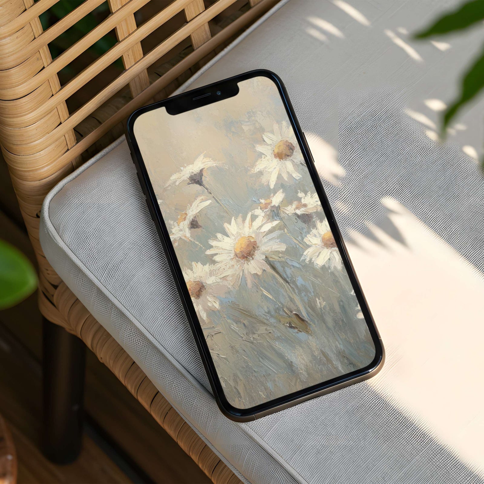 Botanical phone wallpaper featuring soft impressionist daisies in gentle neutral tones - a calm, airy floral background for an elegant and serene home screen