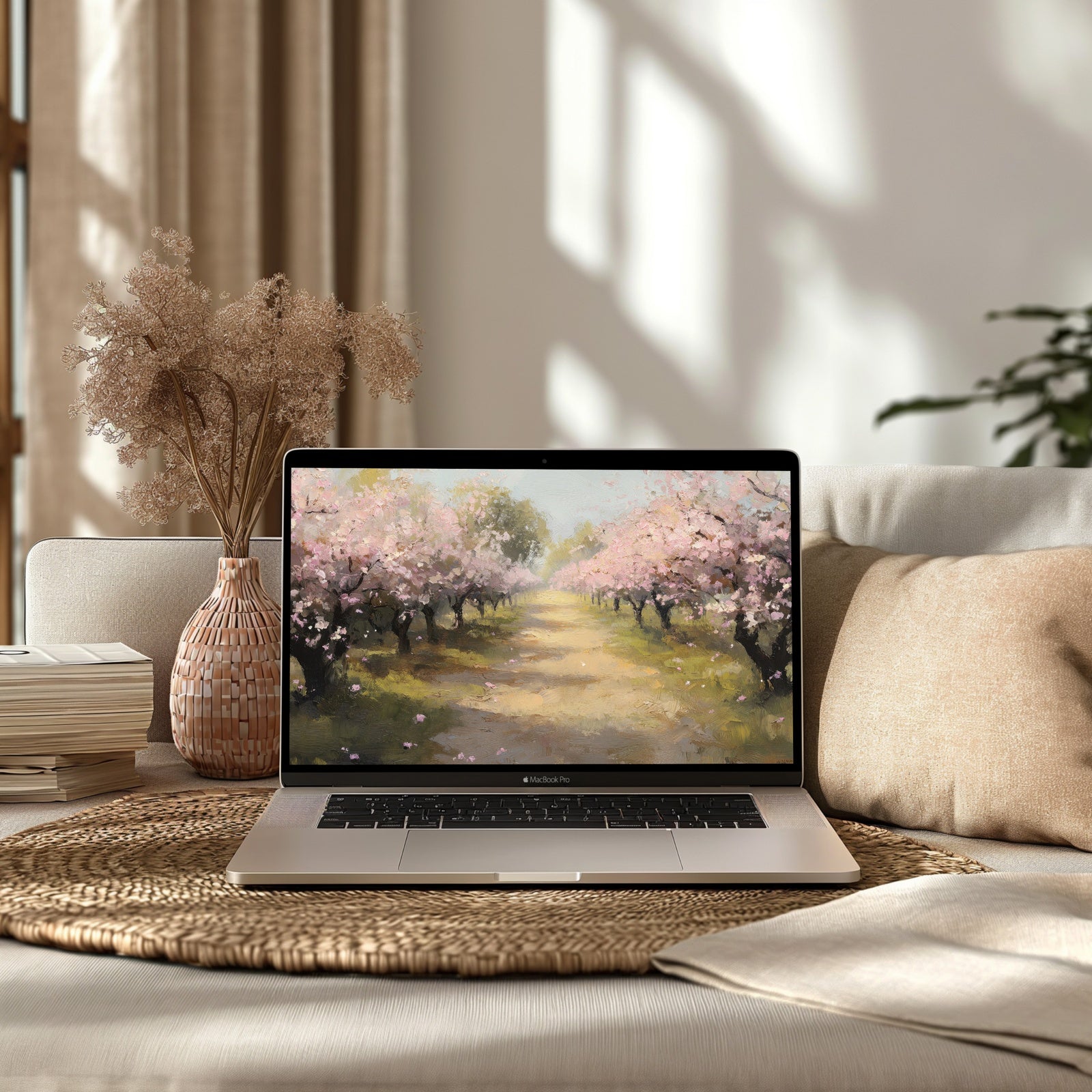 Spring cherry blossom path desktop wallpaper on a MacBook Pro in a cozy neutral living space with soft natural light
