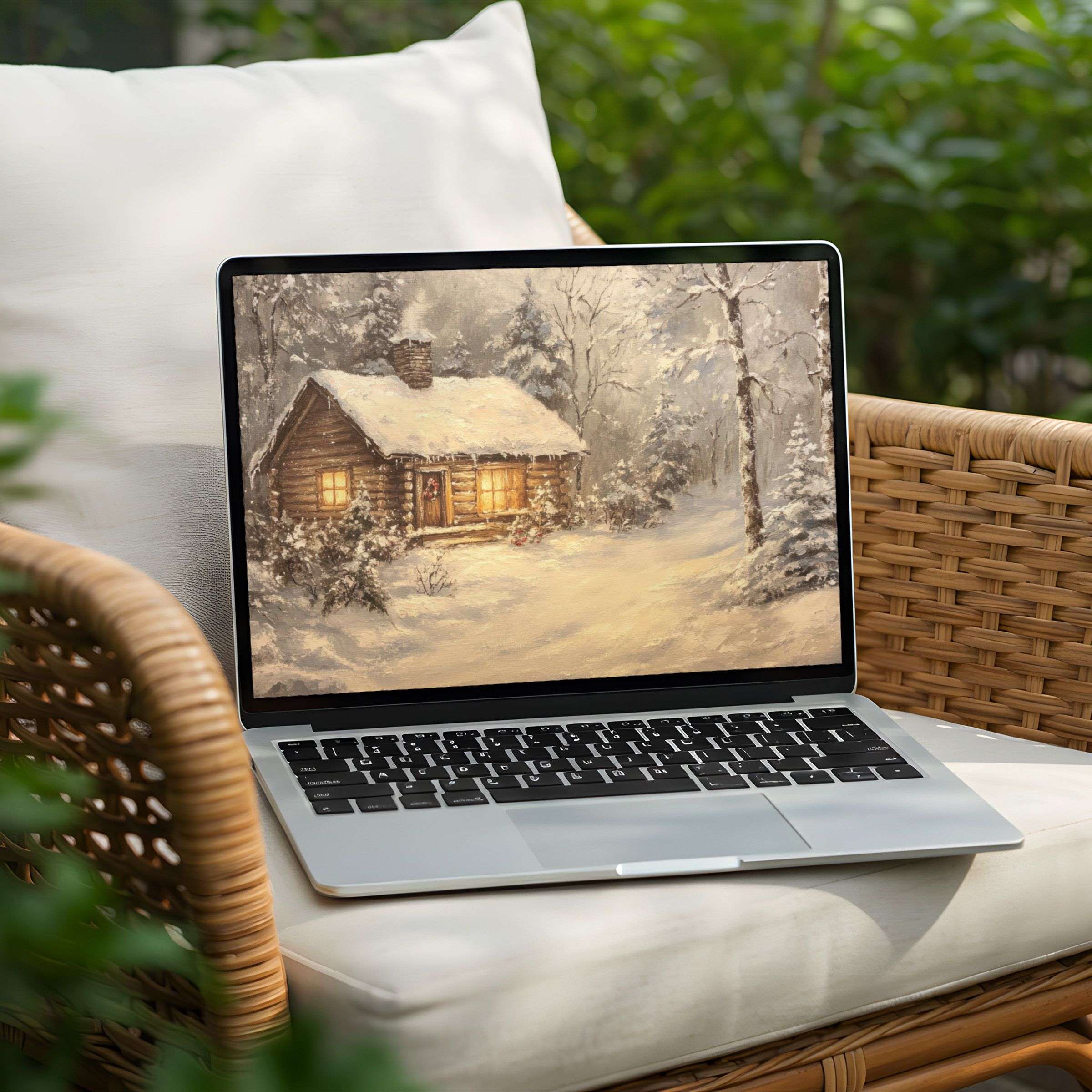 Cozy winter cabin desktop background for a Laptop or PC, inspiring calm and mindfulness, available for instant download