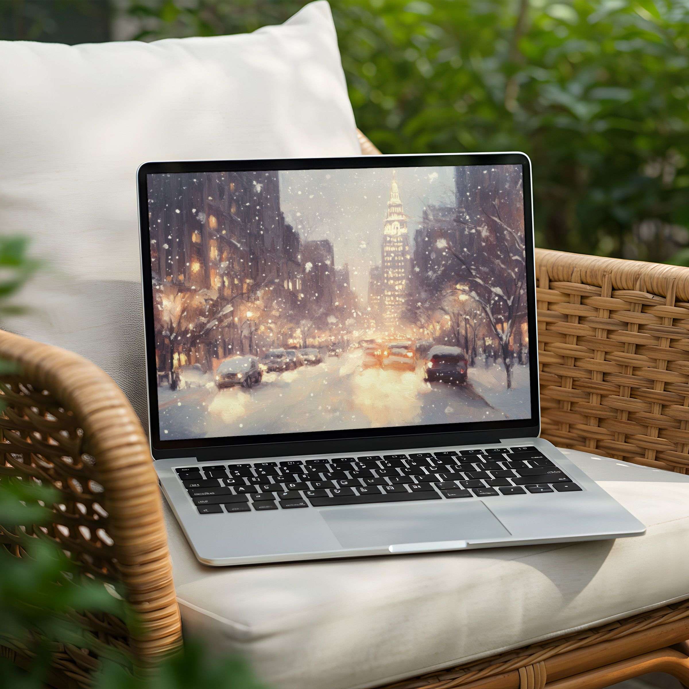 Serene snowy cityscape desktop background for PC or Laptop, instant download for calm elegance and mindful inspiration