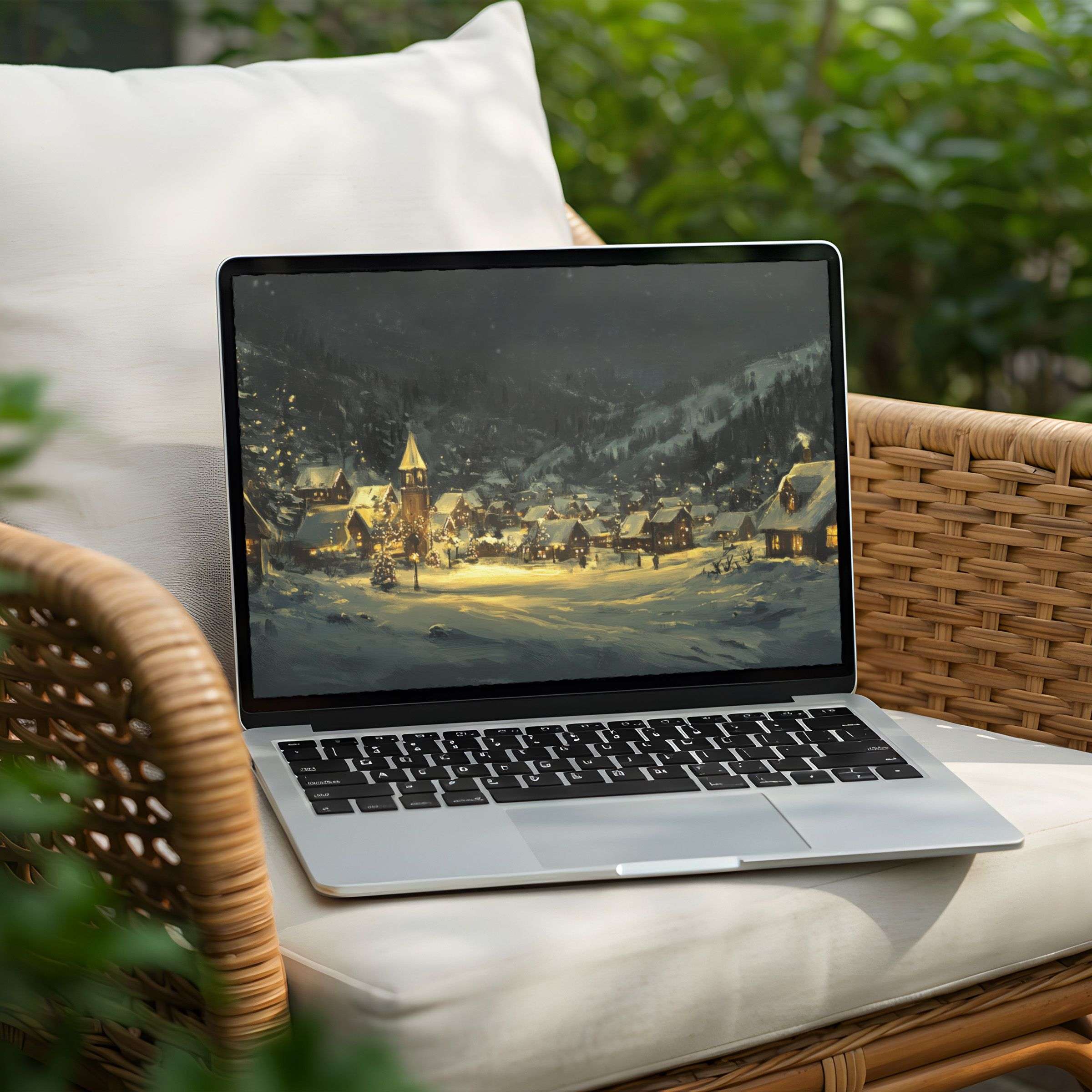 Warm, serene desktop background for PC and Laptop instant download showcases cozy winter village scene inspiring calm elegance