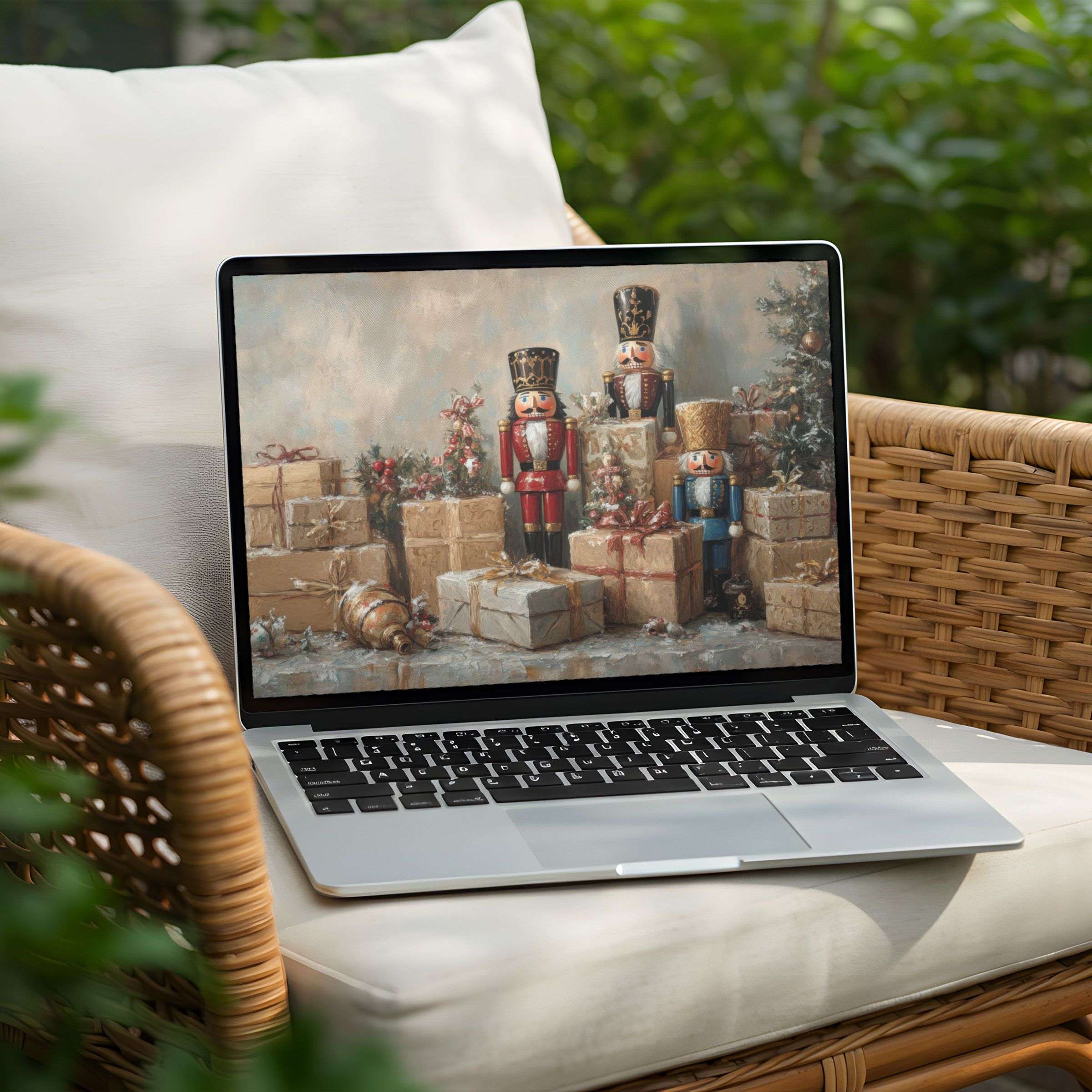 Inspirational desktop background for PC and Laptop featuring festive nutcrackers and gifts, available for instant download for calm elegance
