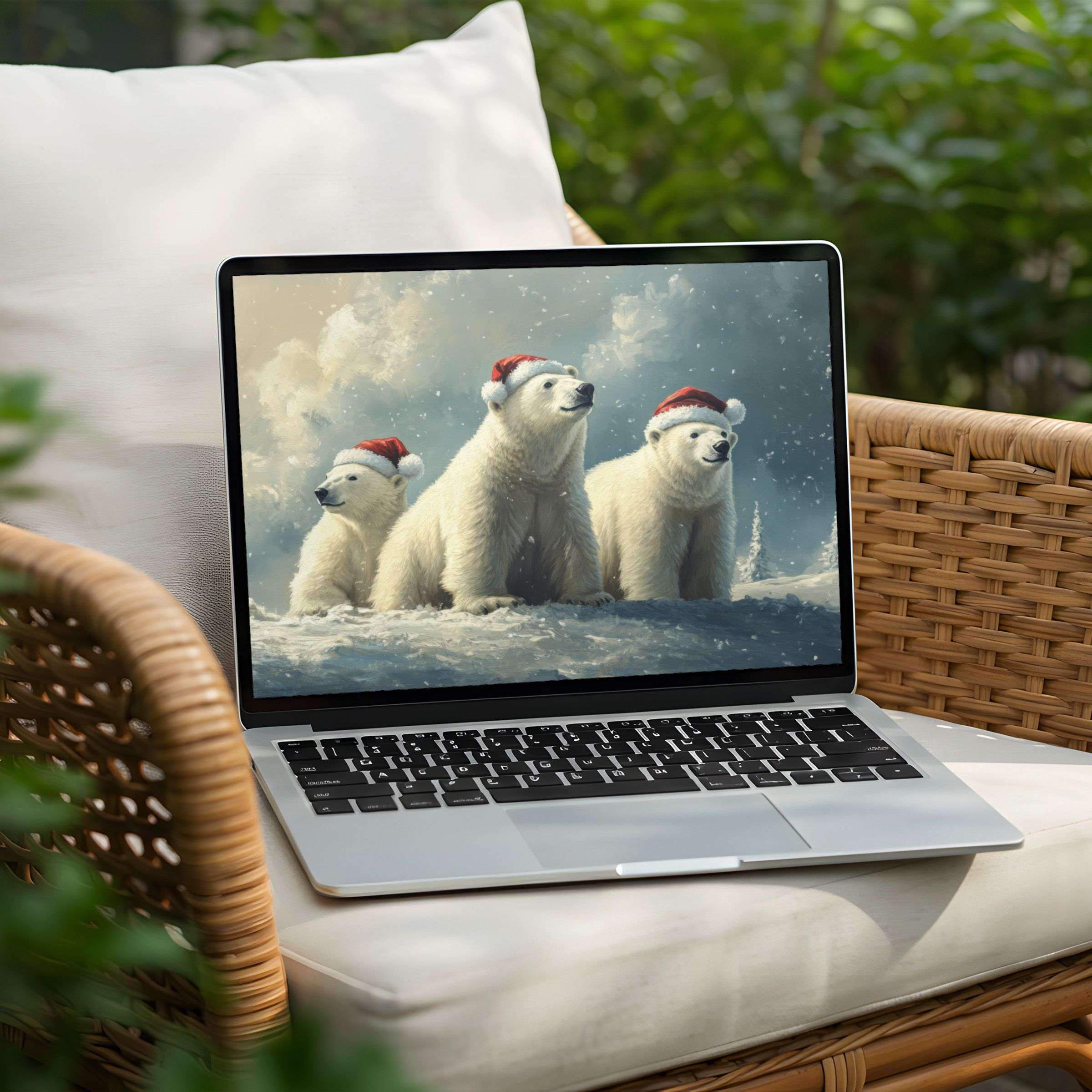 Polar bears in Santa hats create a serene, festive desktop background for PC or Laptop; instant download for mindful elegance