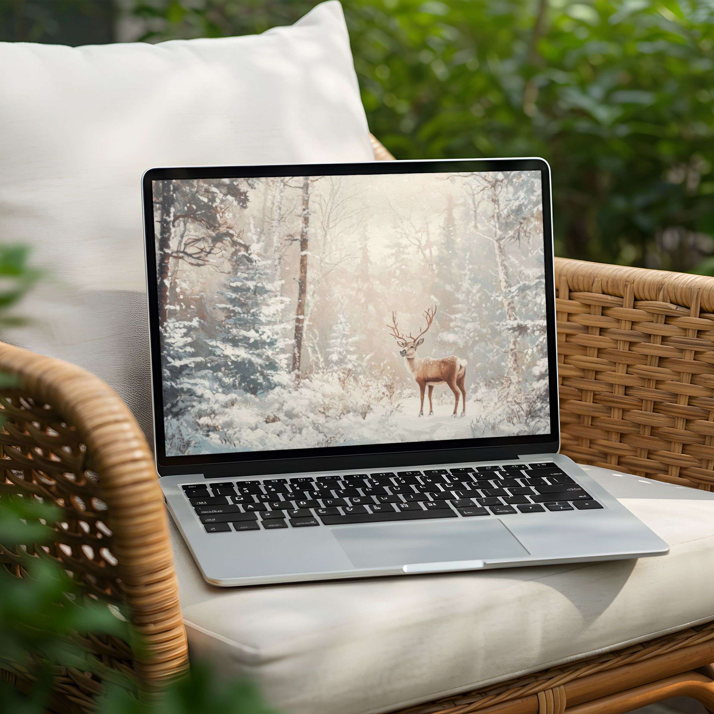 Serene winter forest with a deer desktop background for PC or Laptop instant download for calm and elegant inspiration