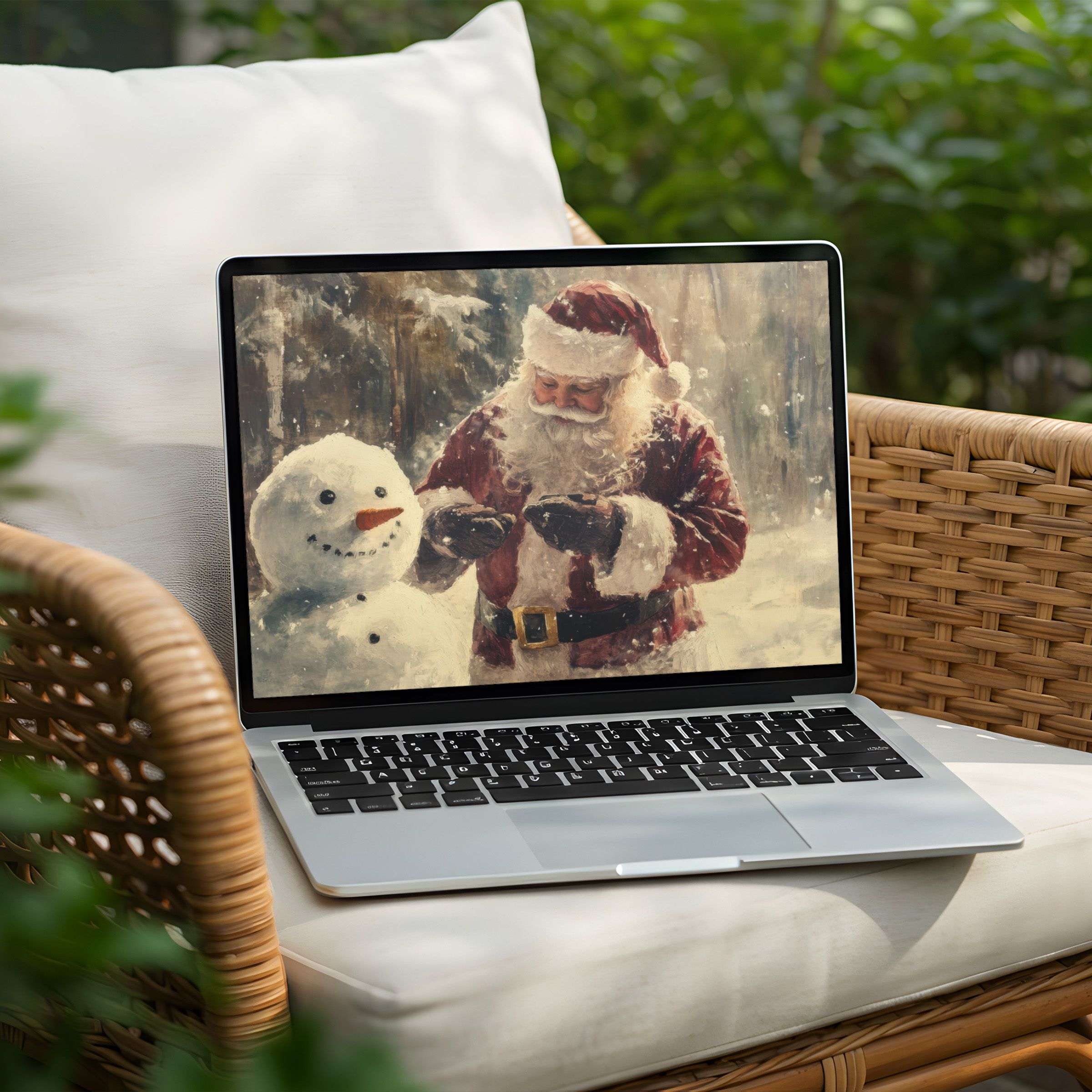 Inspire calm and festive joy with this elegant Santa and snowman desktop background for instant download on PC or Laptop