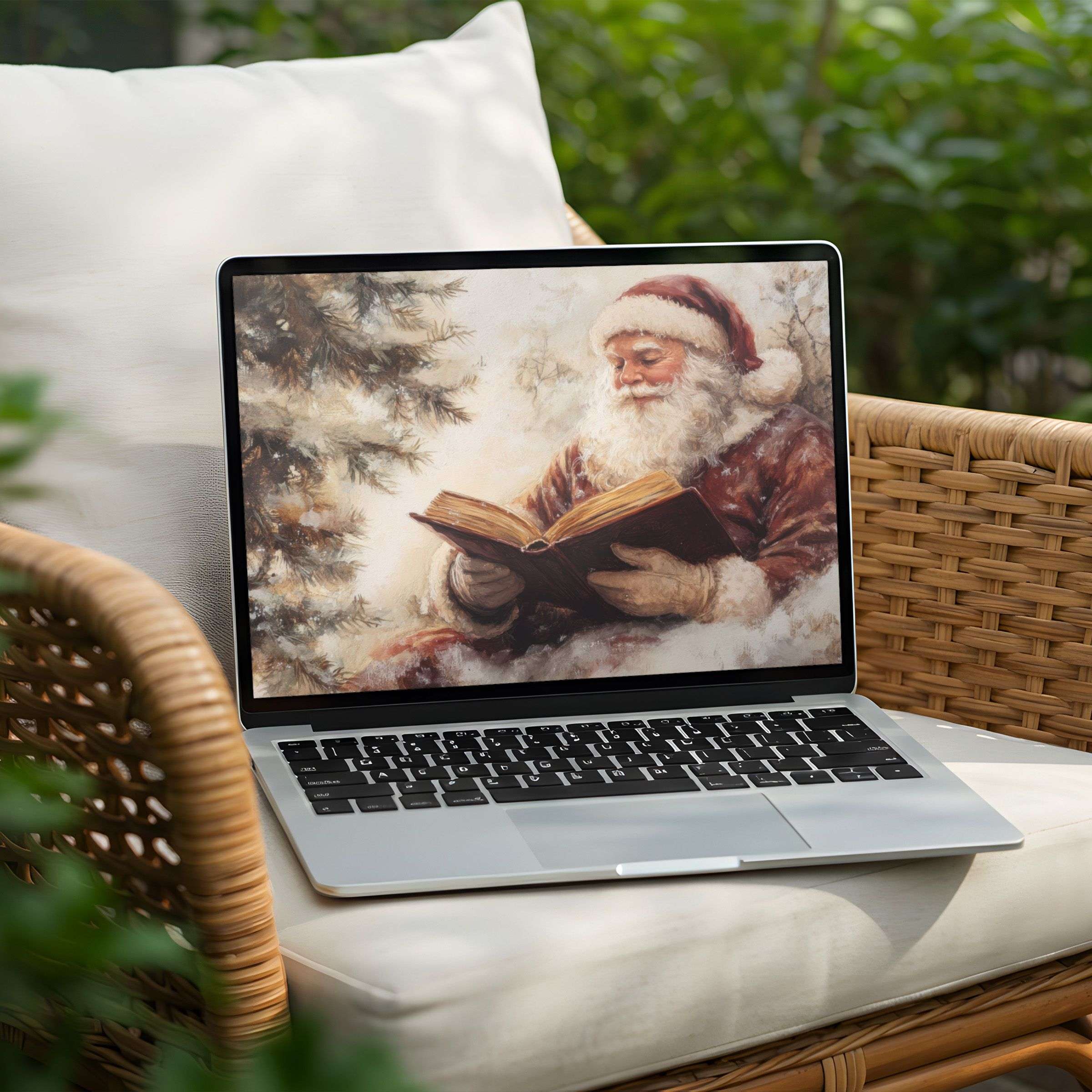 Serene snow scene with vintage Santa reading graces this desktop background for PC and Laptop instant download inspiring calm