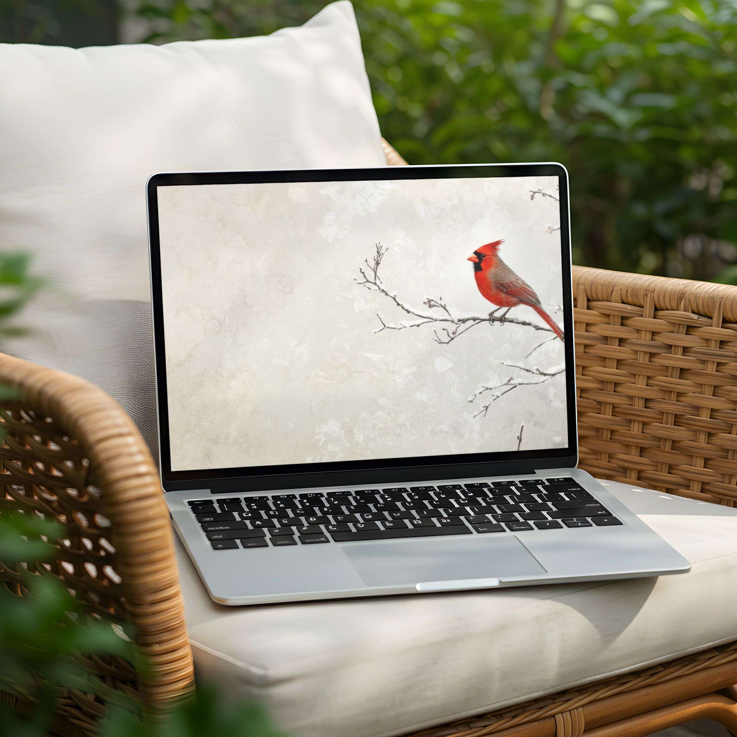 Tranquil desktop background for PC or Laptop featuring a red cardinal on a branch, perfect for instant download and mindful elegance
