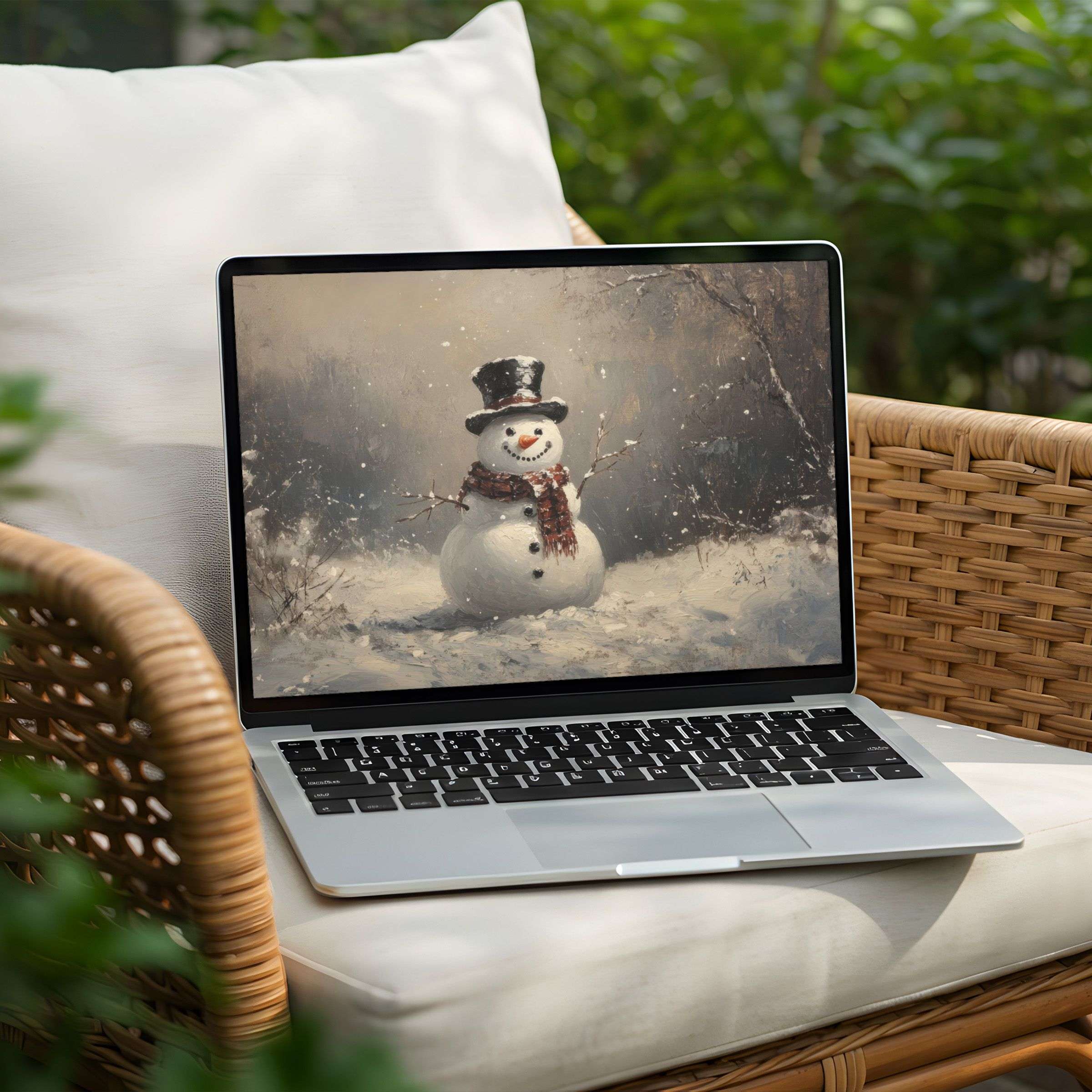 Elegant winter desktop background featuring a snowman, perfect for instant download to enhance your PC or Laptop with calm inspiration