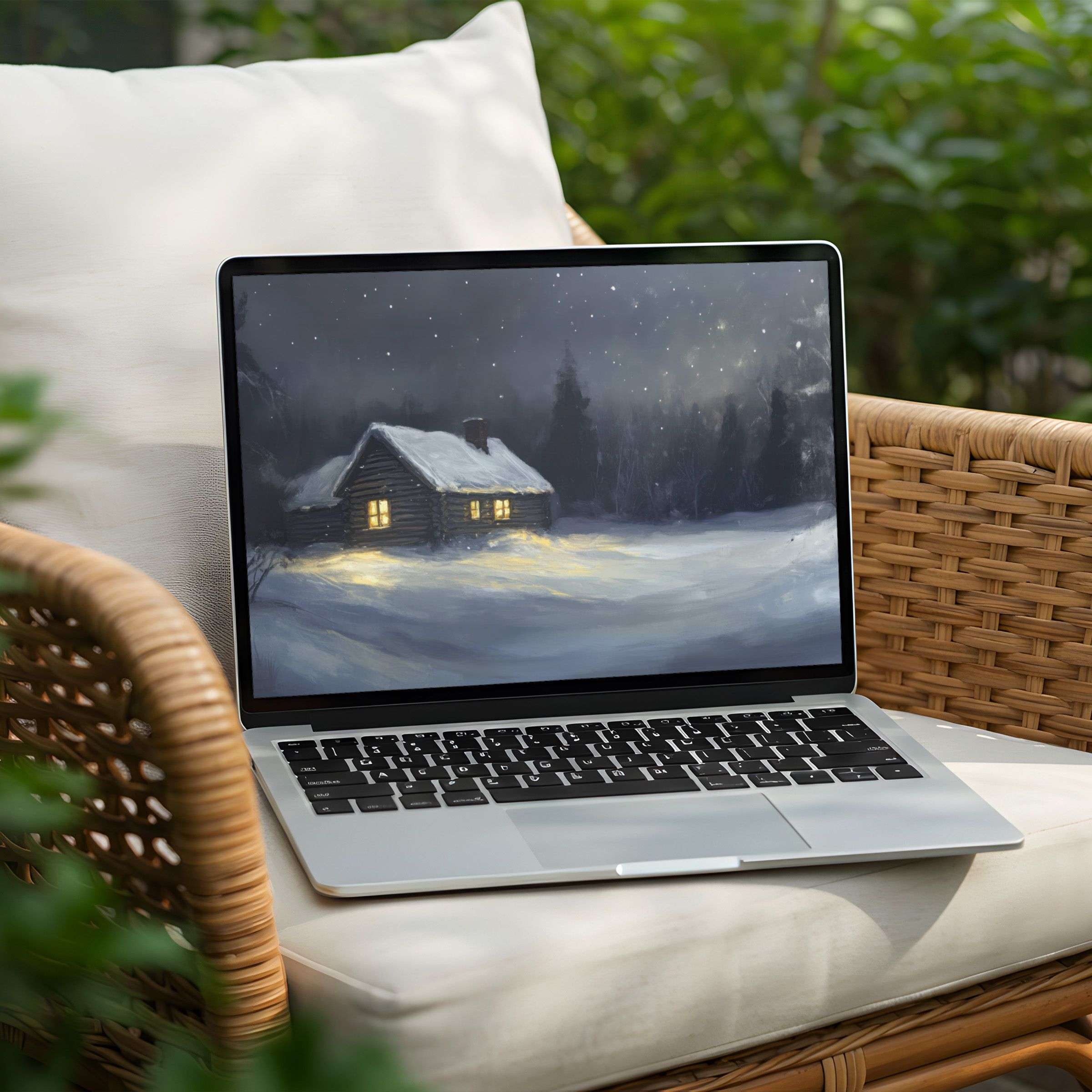 Cozy cabin in snowy night scene brings calm elegance to your PC desktop background for instant download on Laptop and more