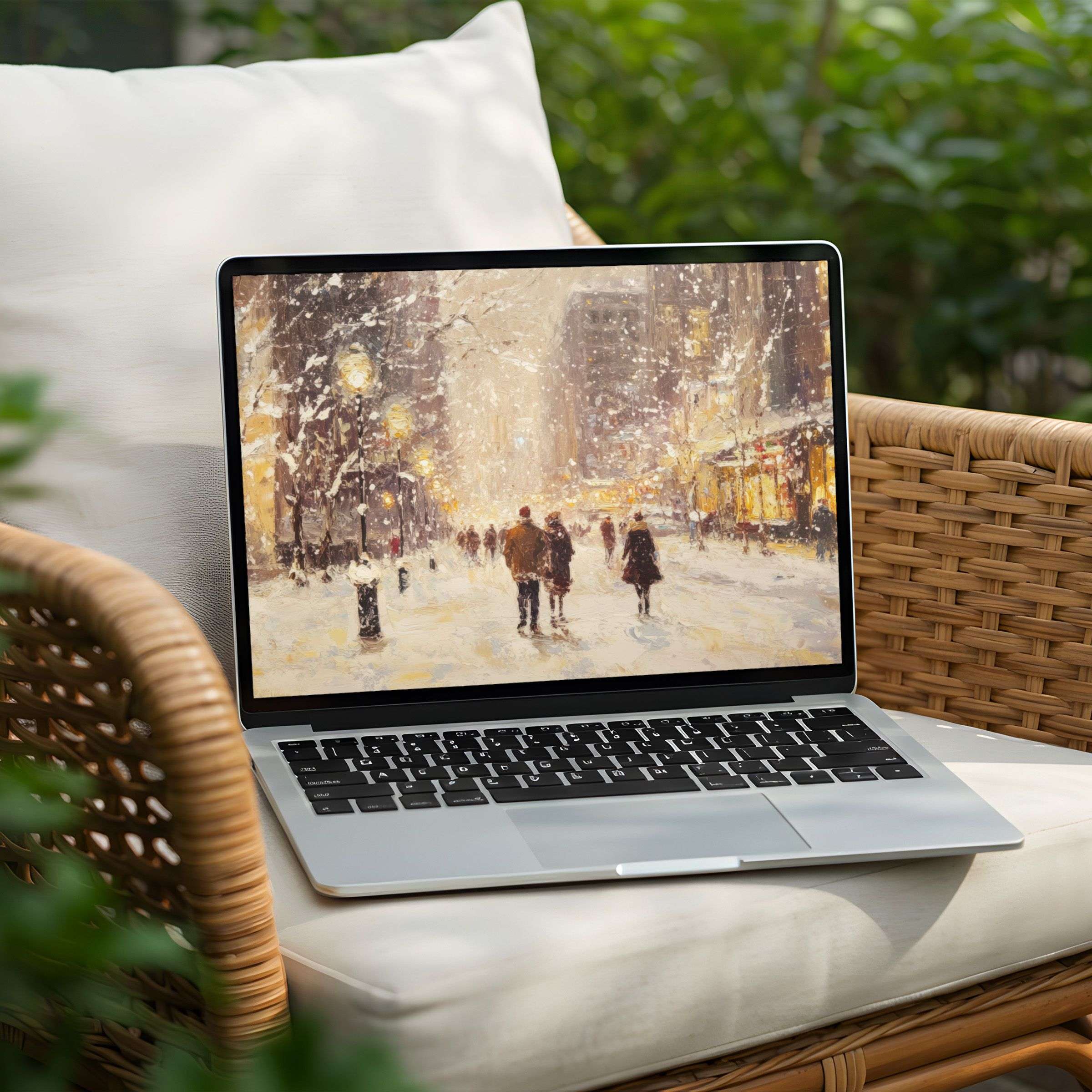 Snowy street scene painting enhances PC and Laptop ambiance, offering instant download for a serene desktop background