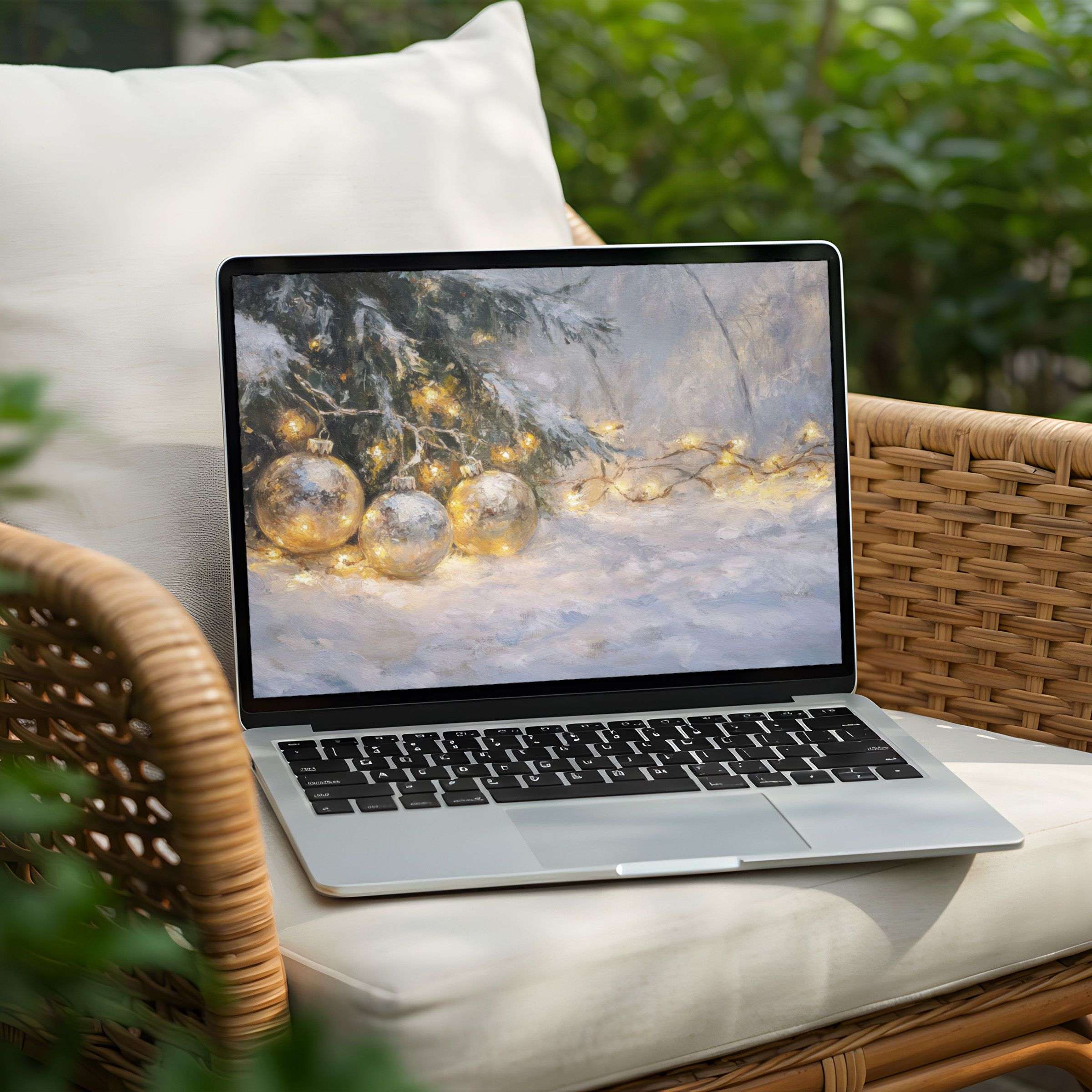 Elegant snow-dusted winter scene desktop background for PC and Laptop instant download to inspire calm and mindfulness