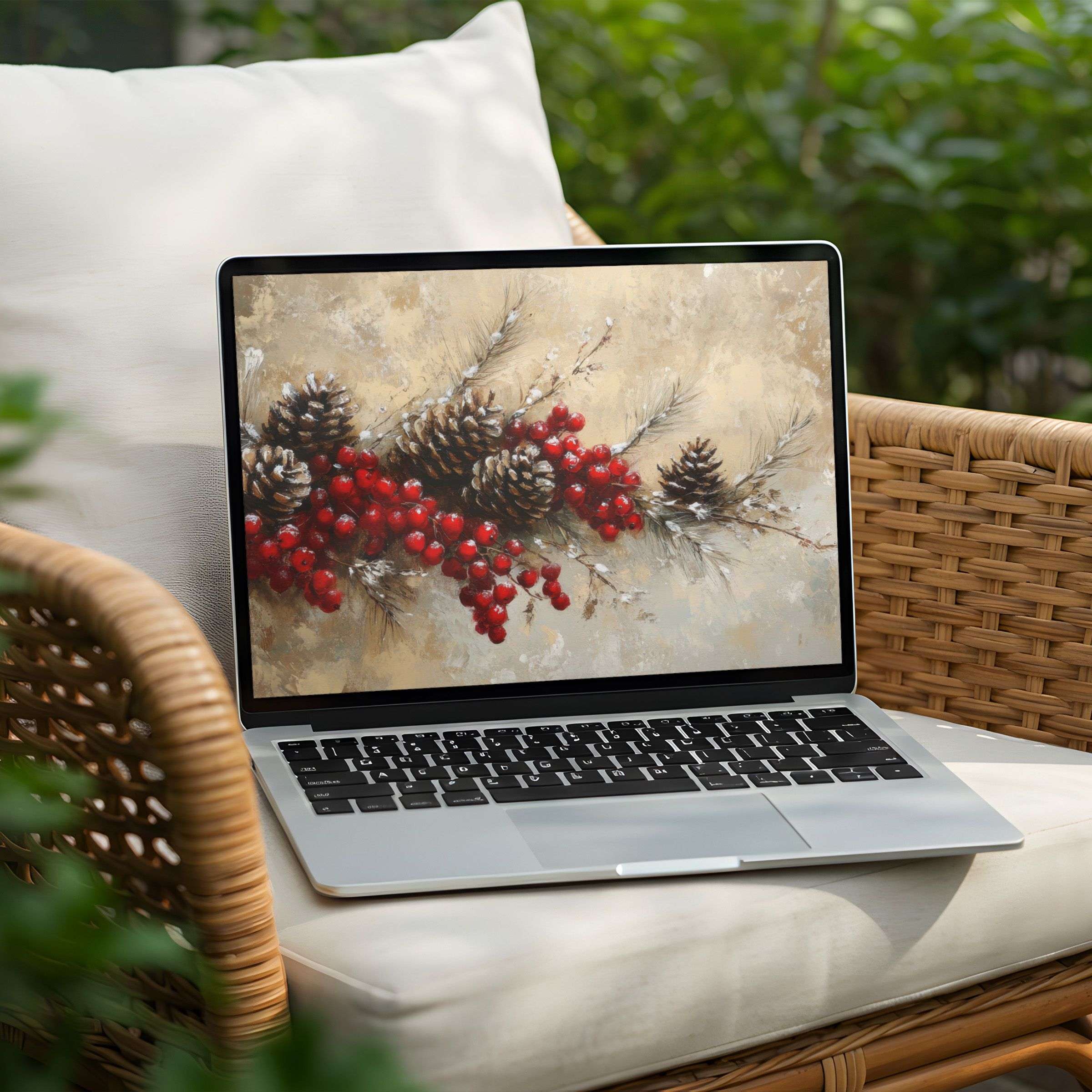 Elegant winter-themed desktop background for PC and Laptop, featuring pinecones and berries in calm colors, instant download for inspiration