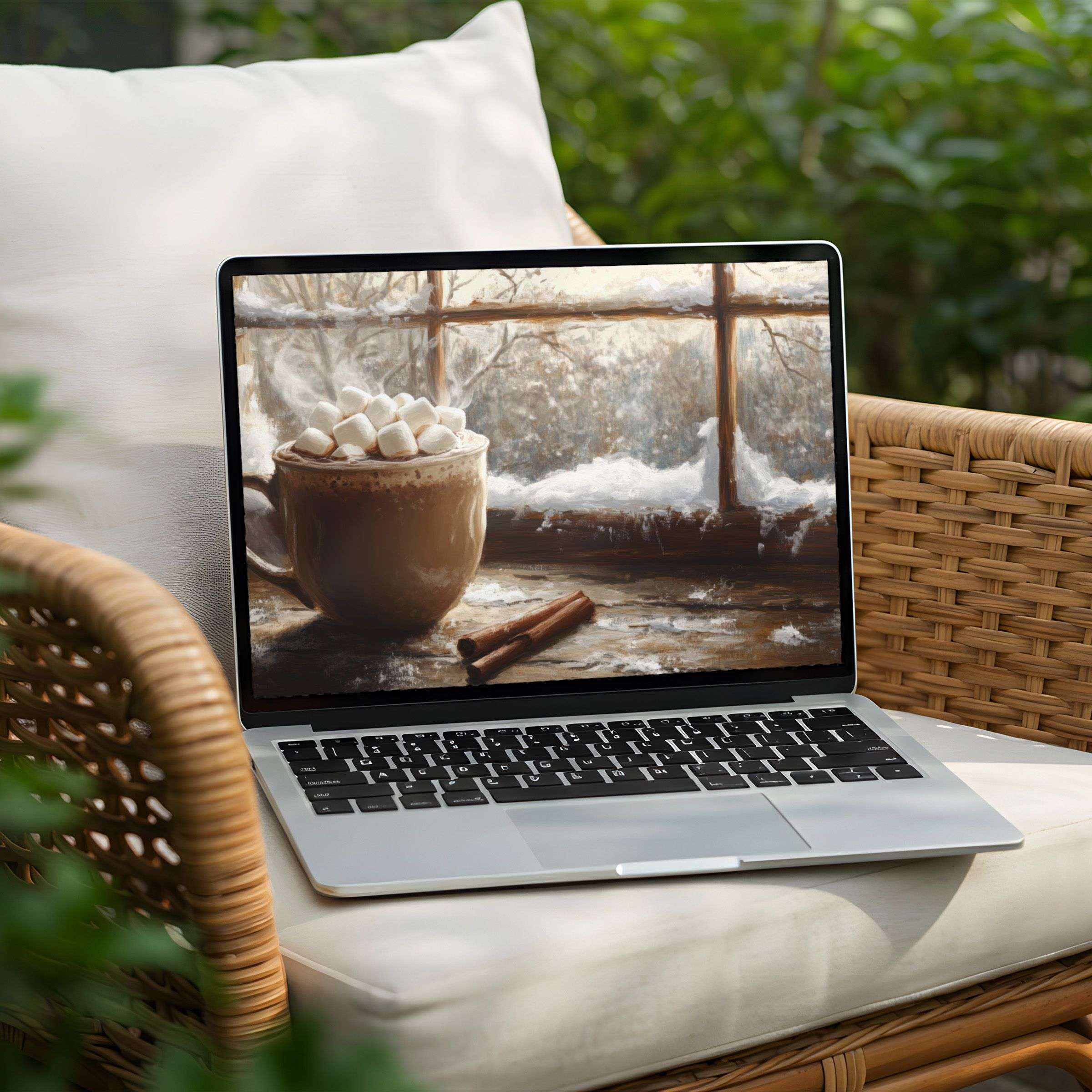 Cozy winter desktop background for PC and Laptop featuring warm cocoa by a snowy window available for instant download