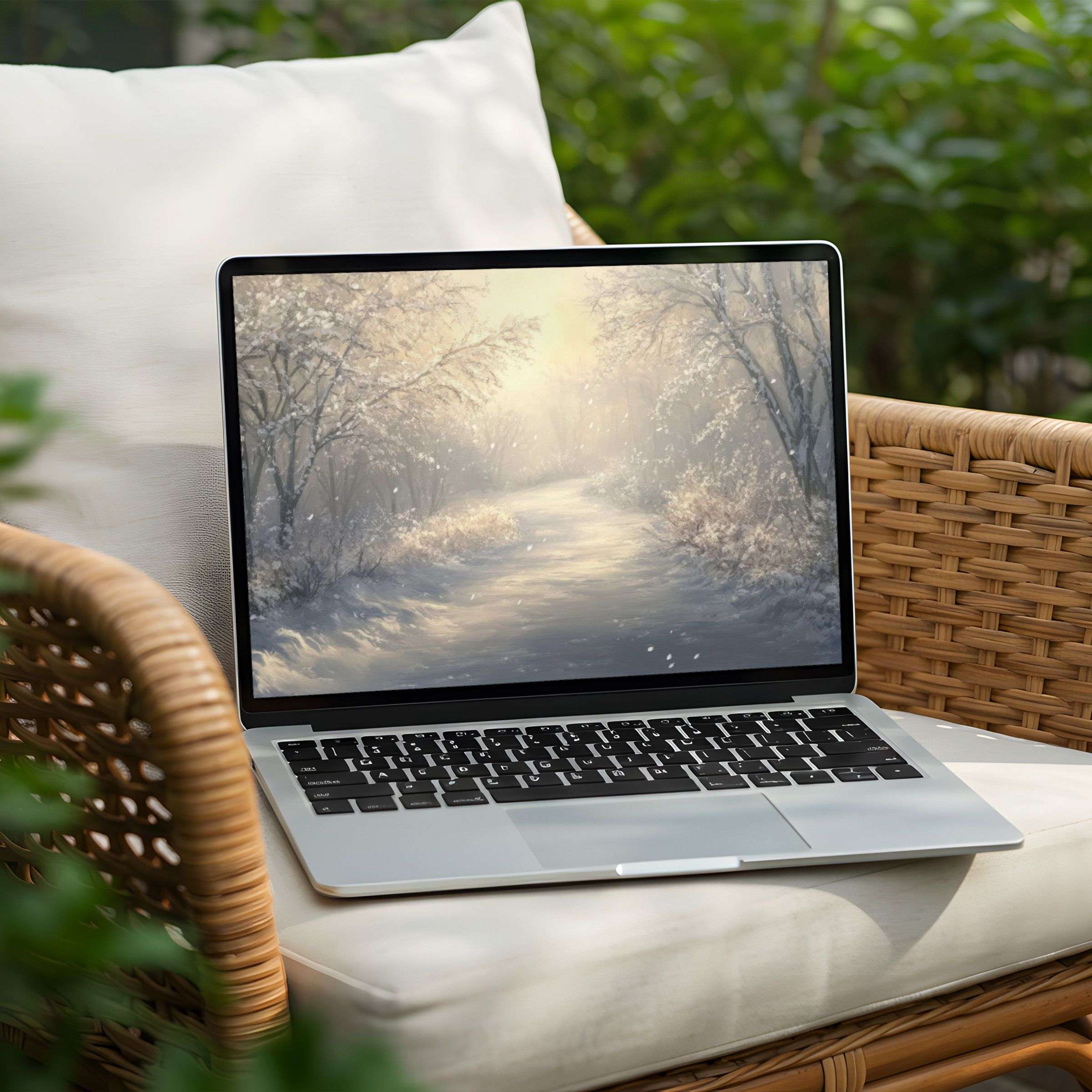 Elegant winter scene desktop background for PC or laptop, offering instant download for calm and inspirational decor