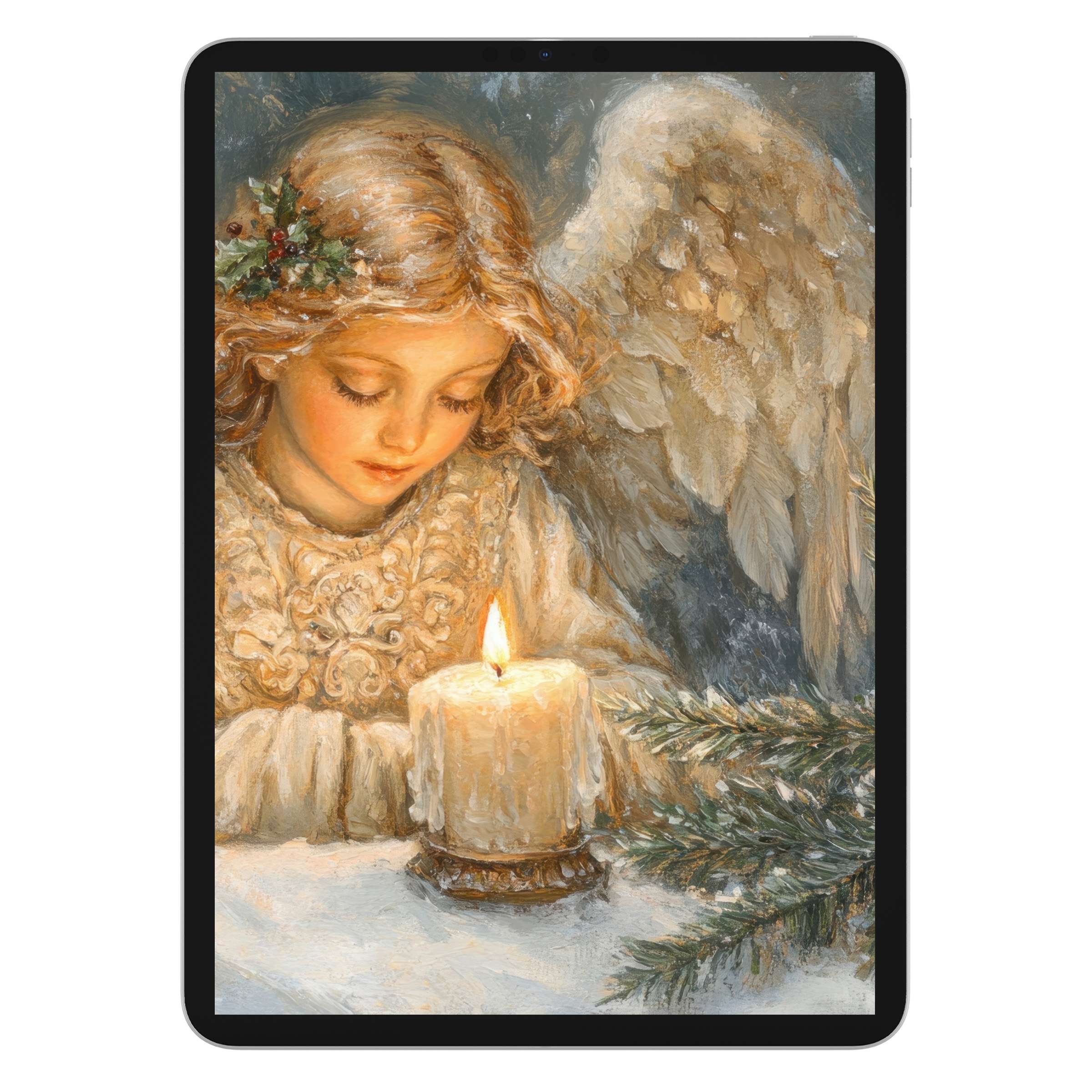Elegant christmas iPad wallpaper features a serene angel with candle in vintage style, perfect digital download for tablet background