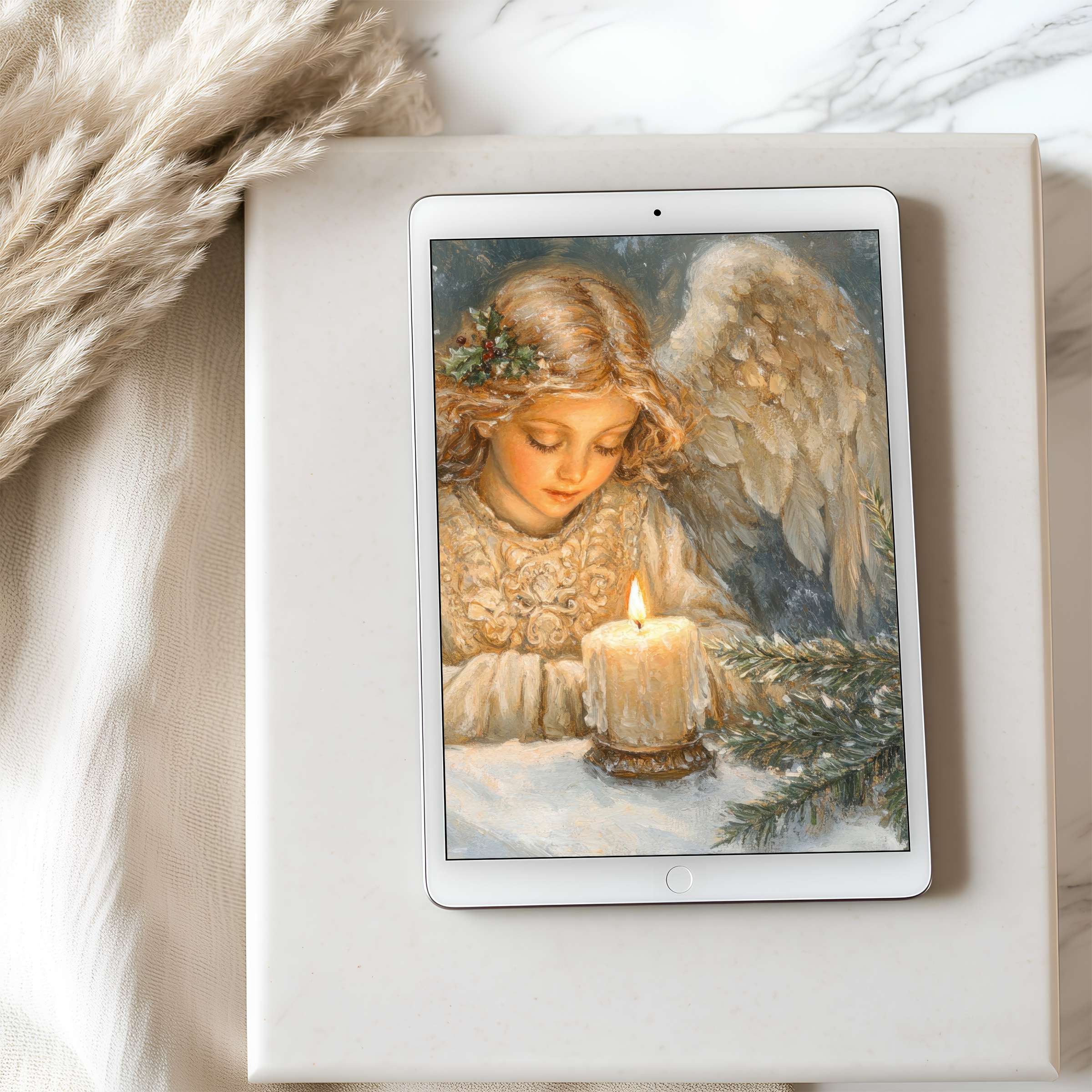 Angel-themed tablet wallpaper featuring serene tones and elegant brushwork on iPad offers calm vintage charm and high-resolution beauty