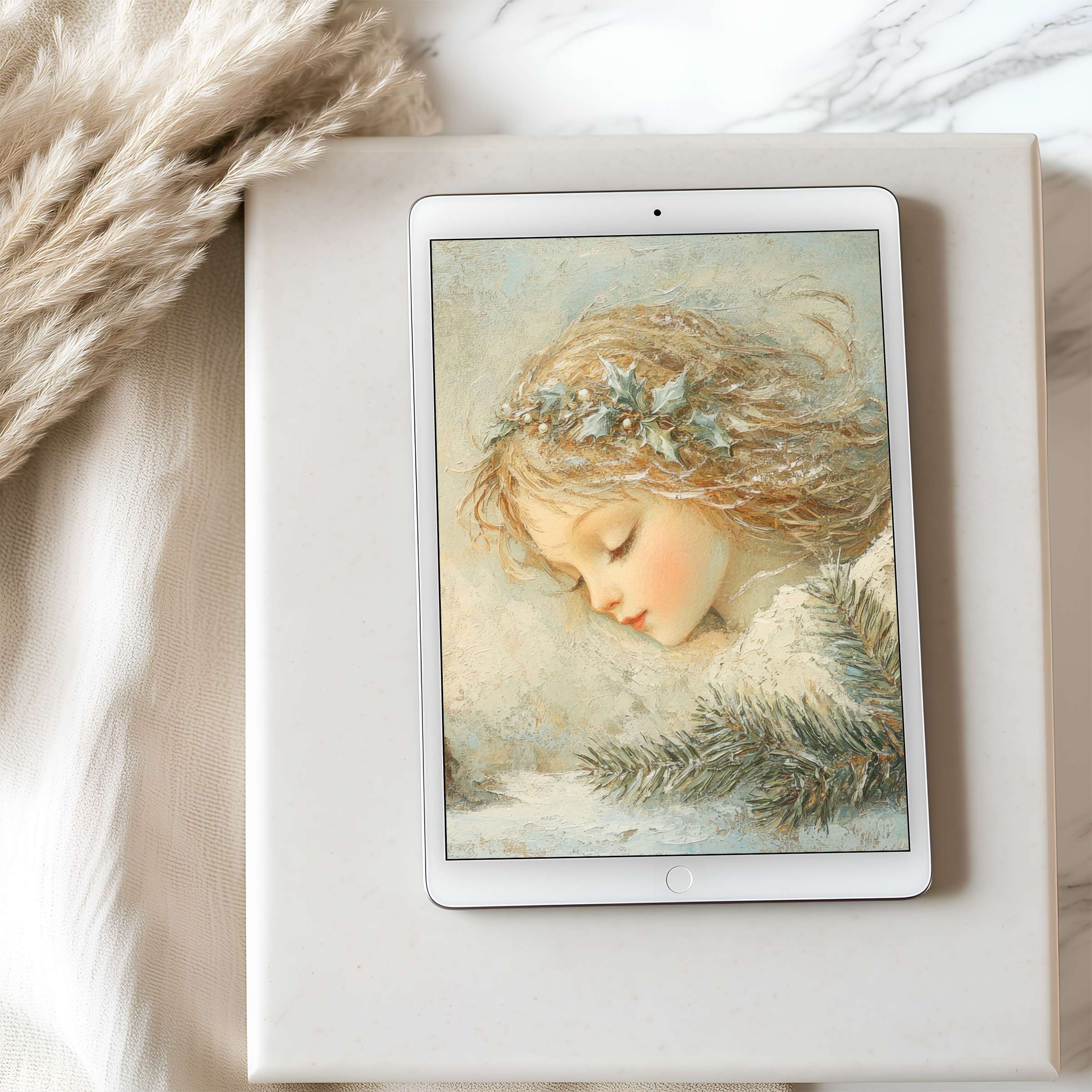 Serene tablet wallpaper with ethereal painting in soft hues, perfect for high-resolution iPad screens, enhancing peaceful digital downloads