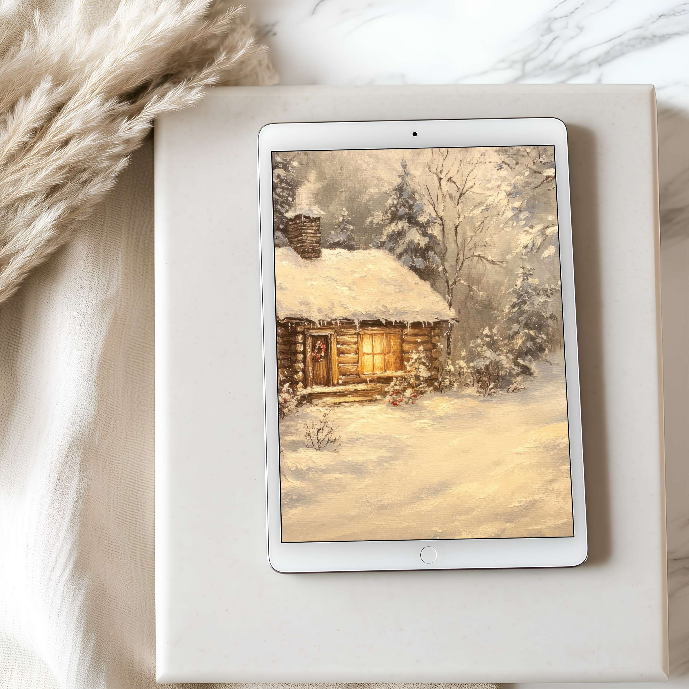 Cozy cabin in snow enhances this high-resolution tablet wallpaper, perfect for iPad and Android, offering serene digital download