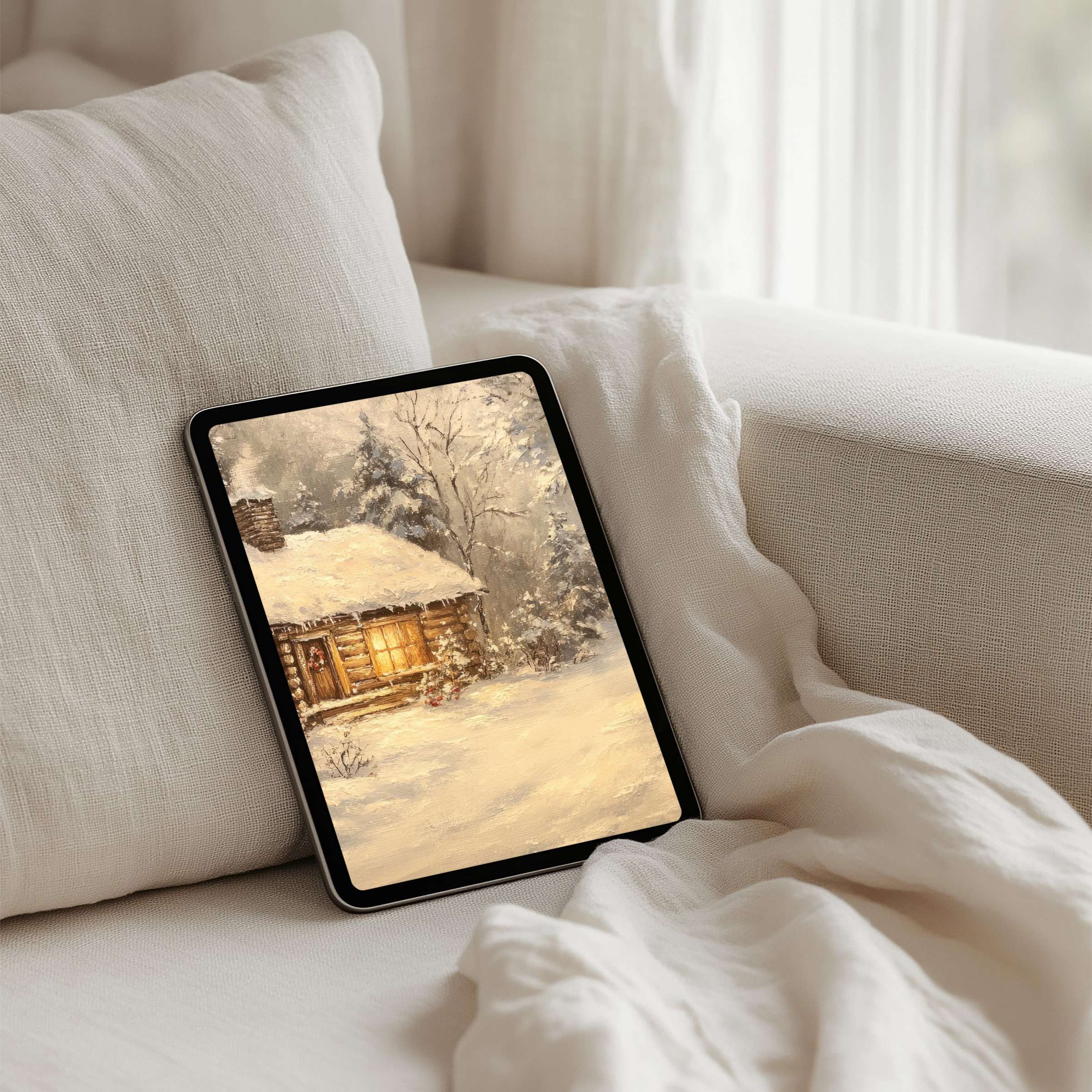 Tranquil snowy cabin scene iPad background evokes elegance and calm inspiring instant download for any tablet user