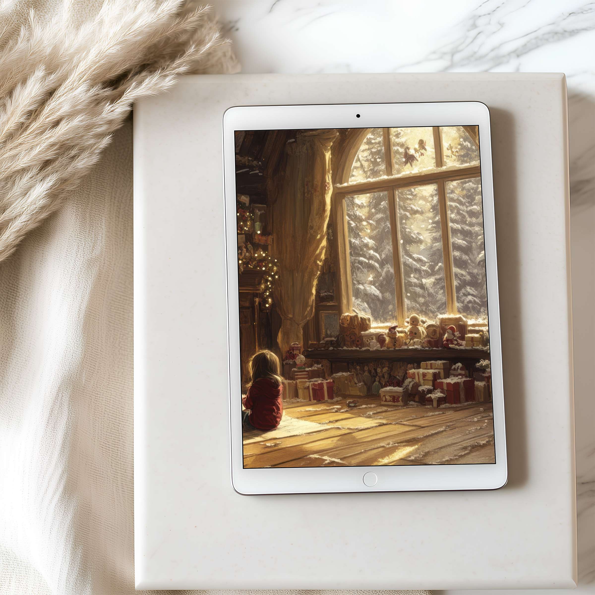 Cozy winter scene tablet wallpaper featuring soft sunlight through frosted windows, perfect high resolution art for iPad and tablets