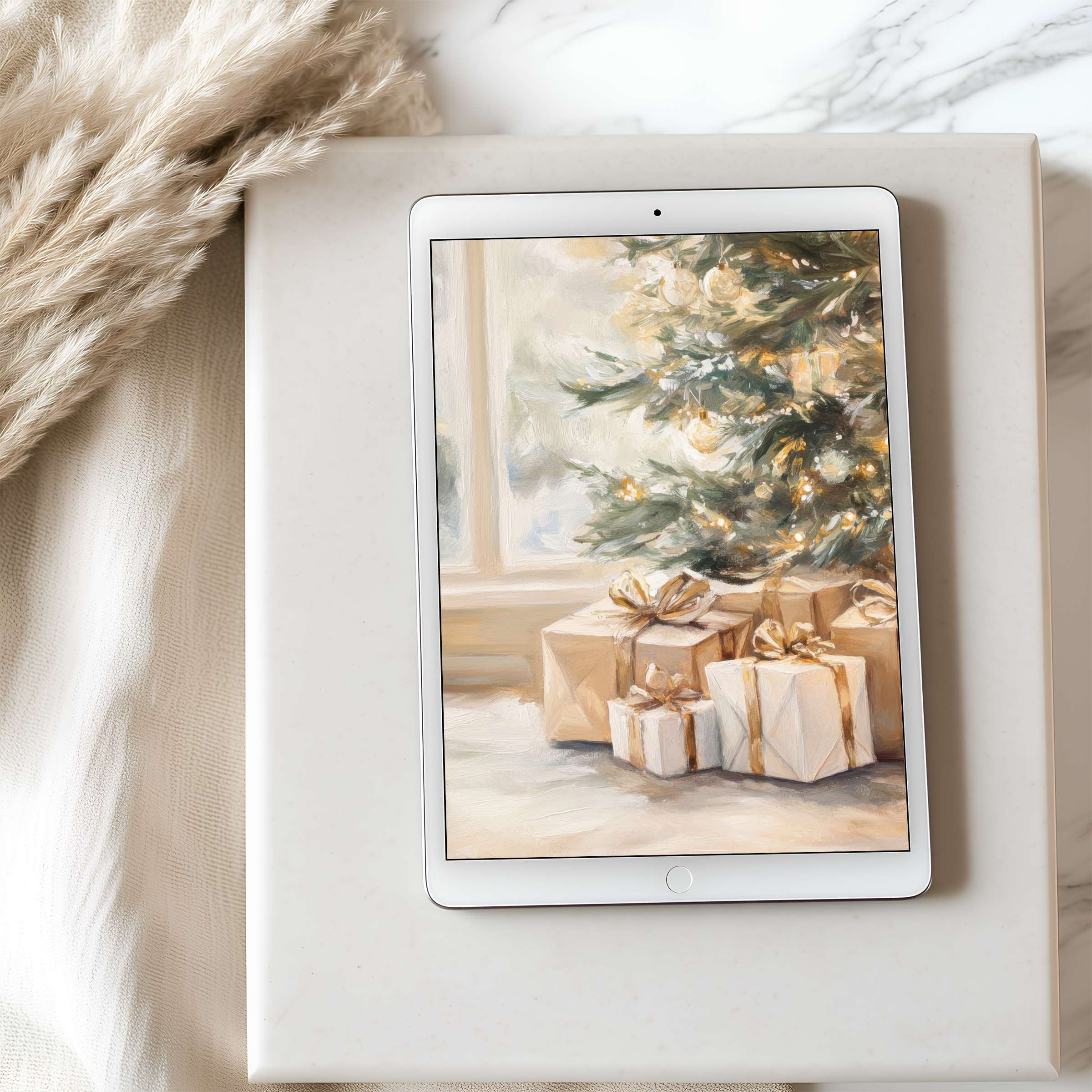 Elegant Christmas-themed tablet wallpaper with a decorated tree and gifts enhances a serene aesthetic, perfect for high resolution iPad screens