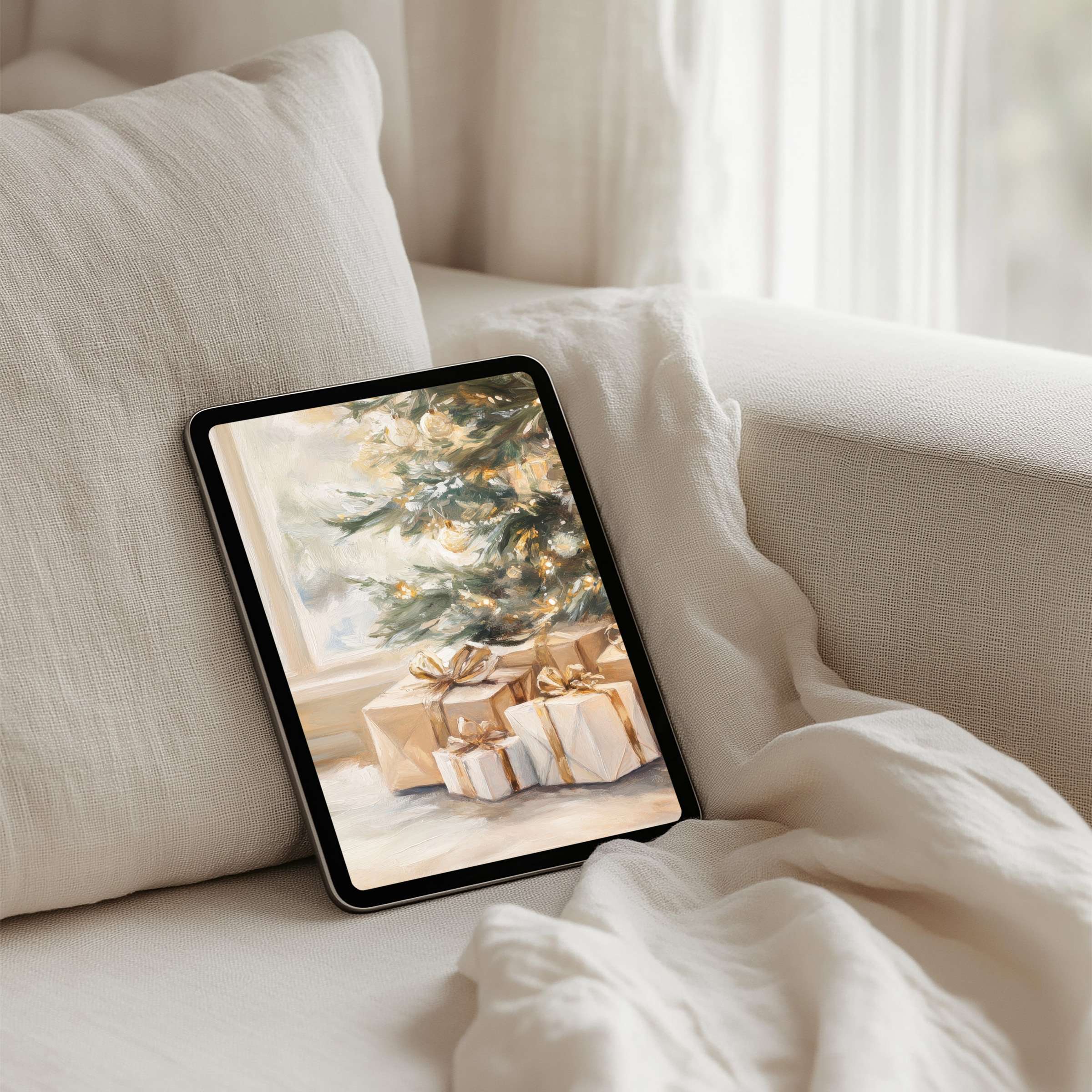 Elegant iPad background featuring a serene Christmas scene with gifts under a tree perfect for instant download on any tablet