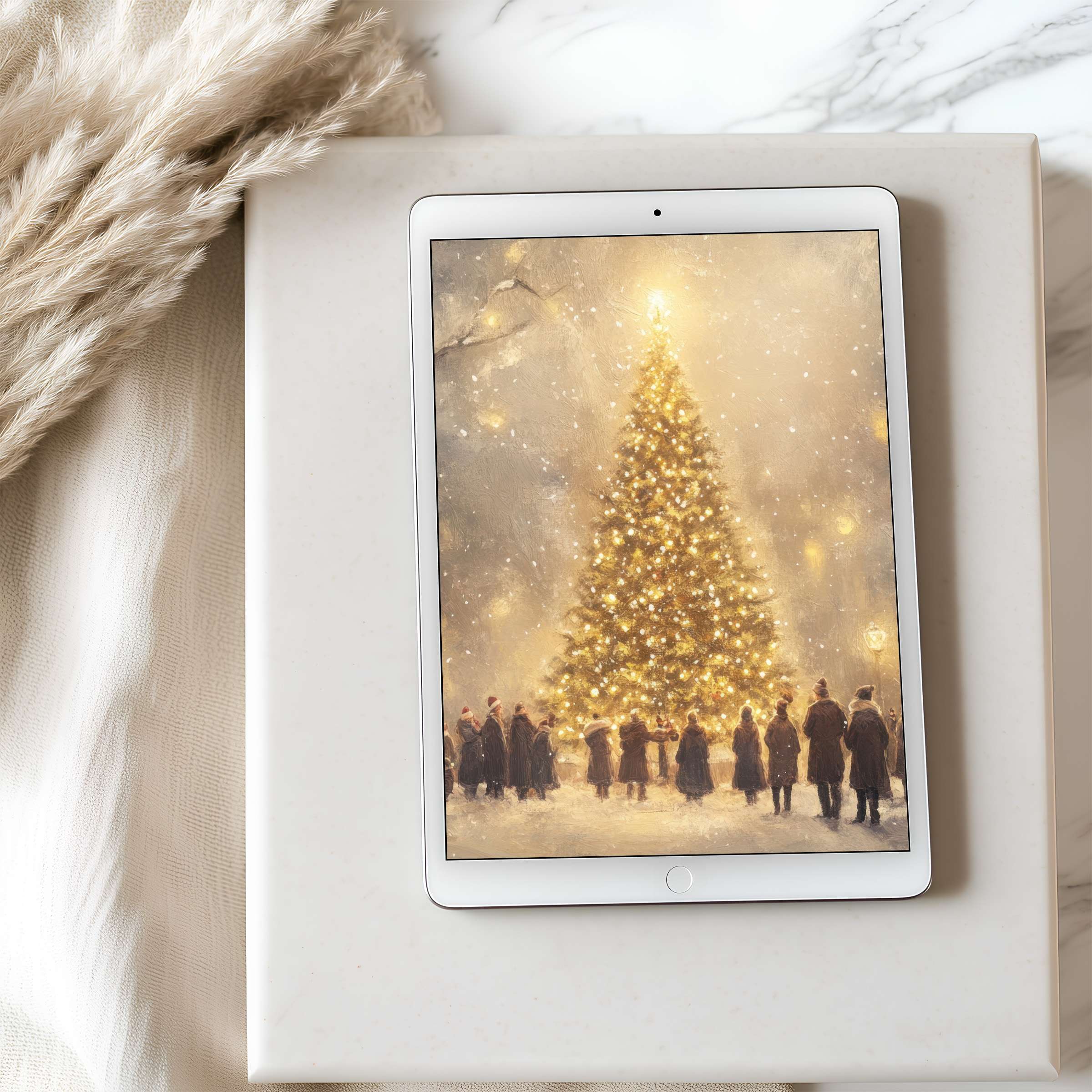 Elegant digital art of a glowing Christmas tree tablet wallpaper offers serenity and charm for iPad or Android tablet download