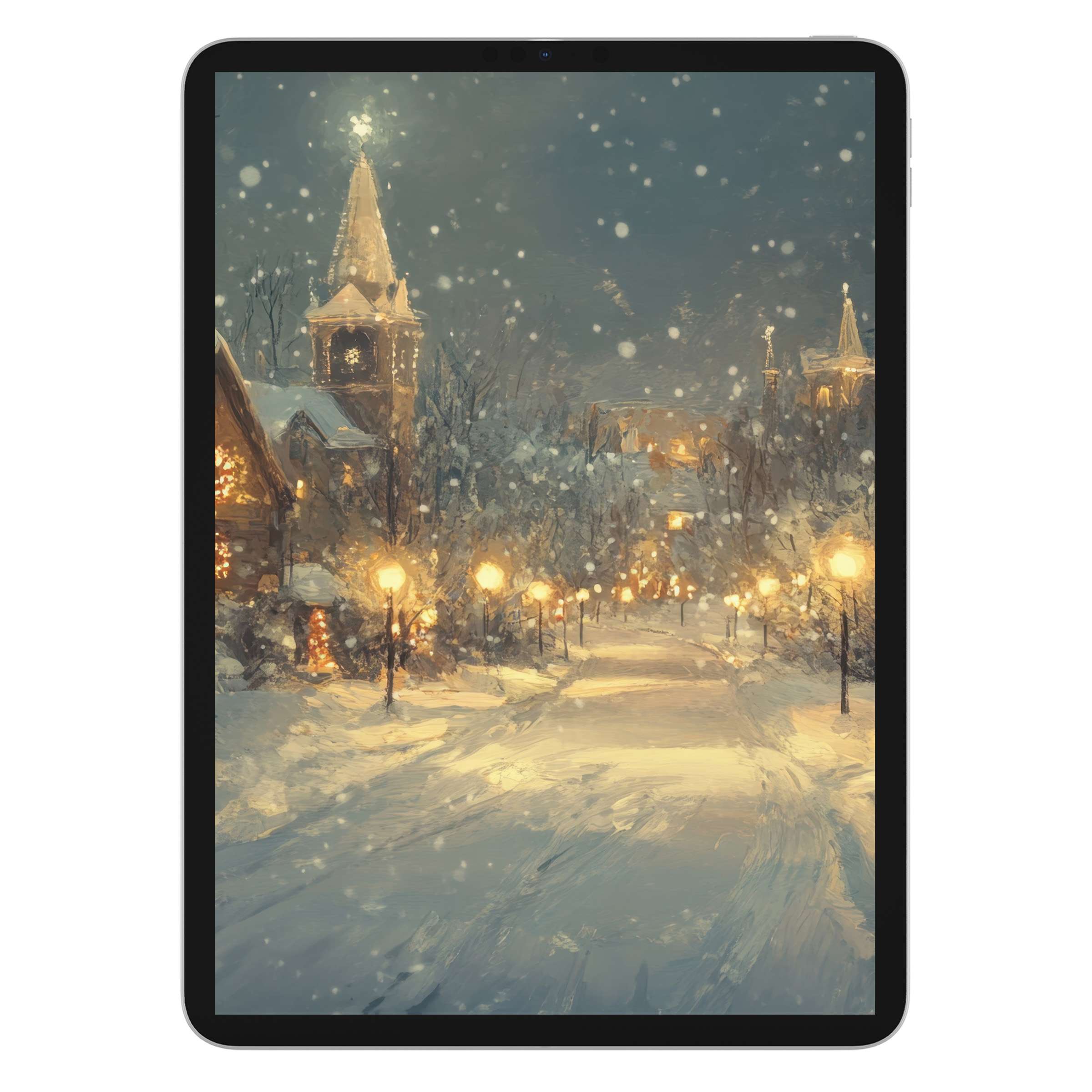 Cozy snowy village scene with glowing lights enhances your digital download experience on any iPad or tablet as a christmas iPad wallpaper background