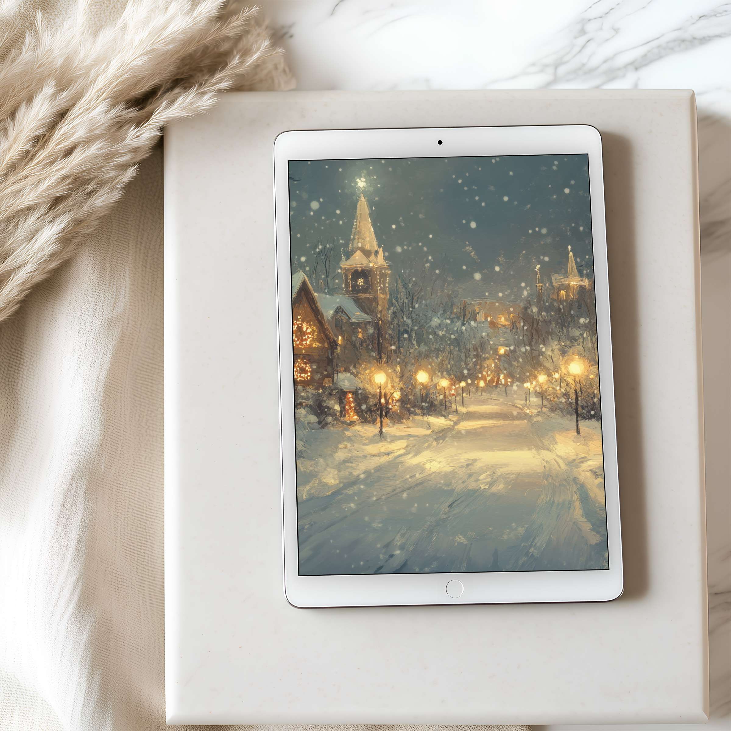 Elegant winter tablet wallpaper showcasing a serene snowy village scene, ideal for iPad or Android high-resolution digital download
