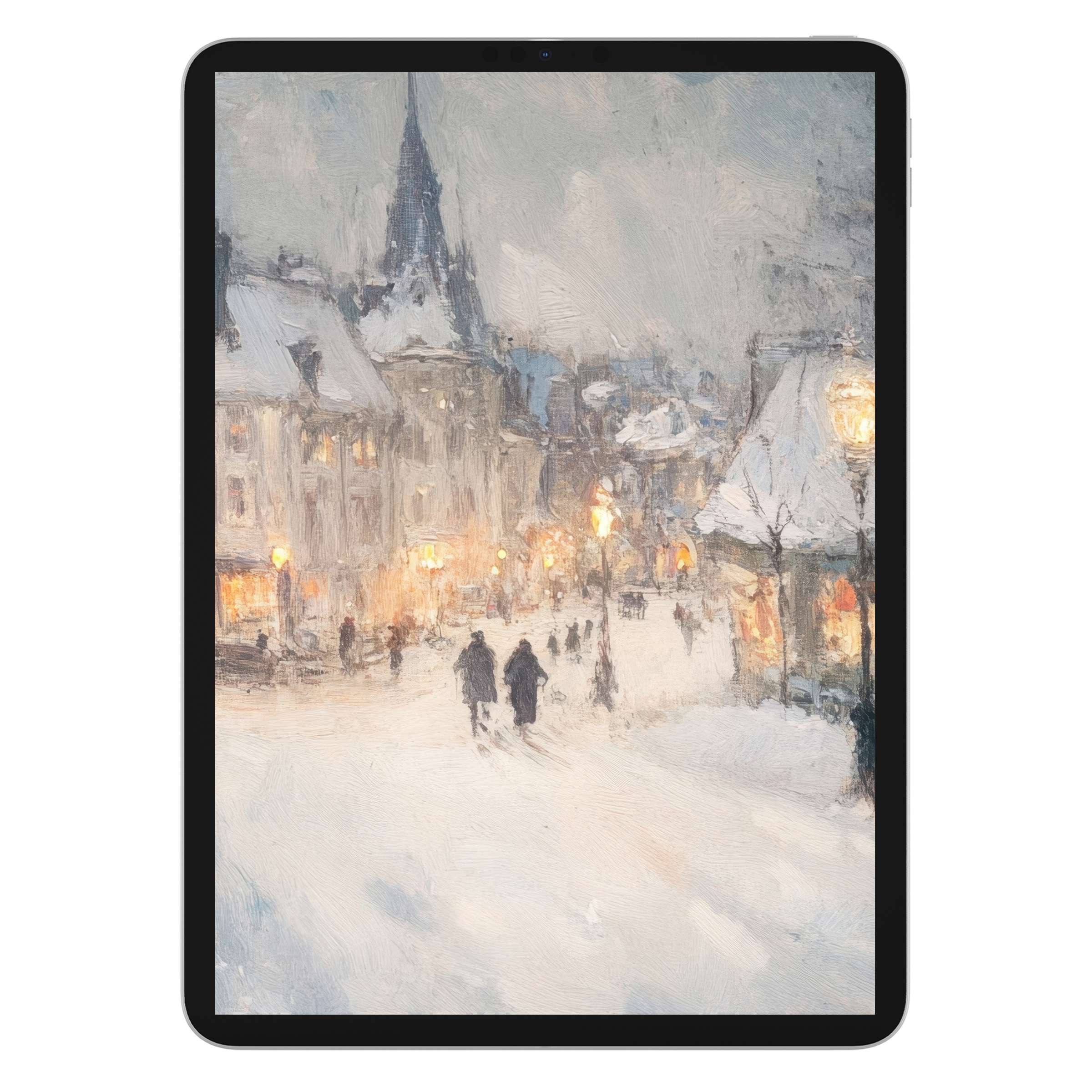 Elegant christmas iPad wallpaper with serene winter village scene creating a calming digital download for tablet background art lovers