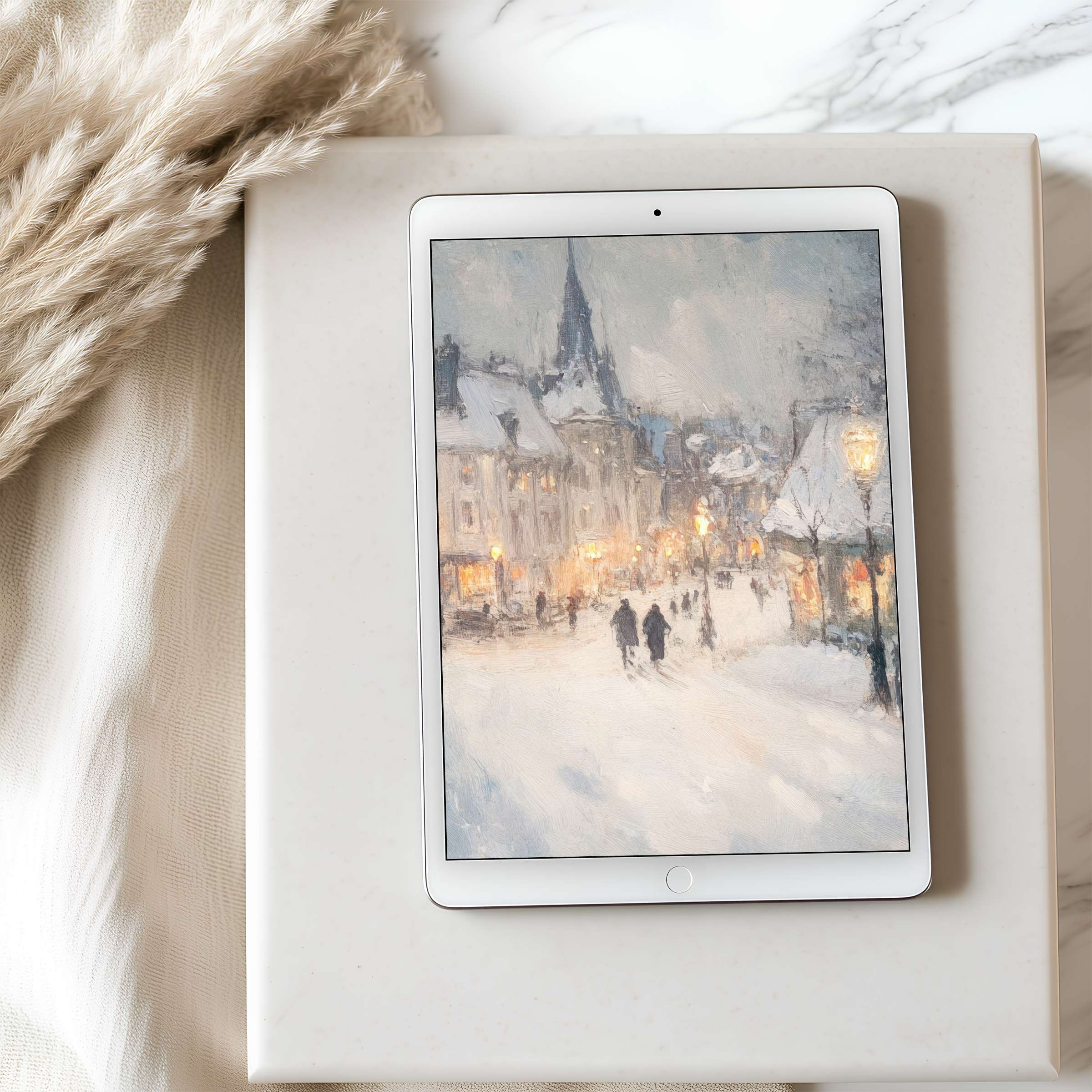 Elegant tablet wallpaper featuring a serene winter scene in soft pastels, ideal for high resolution iPad and Android downloads