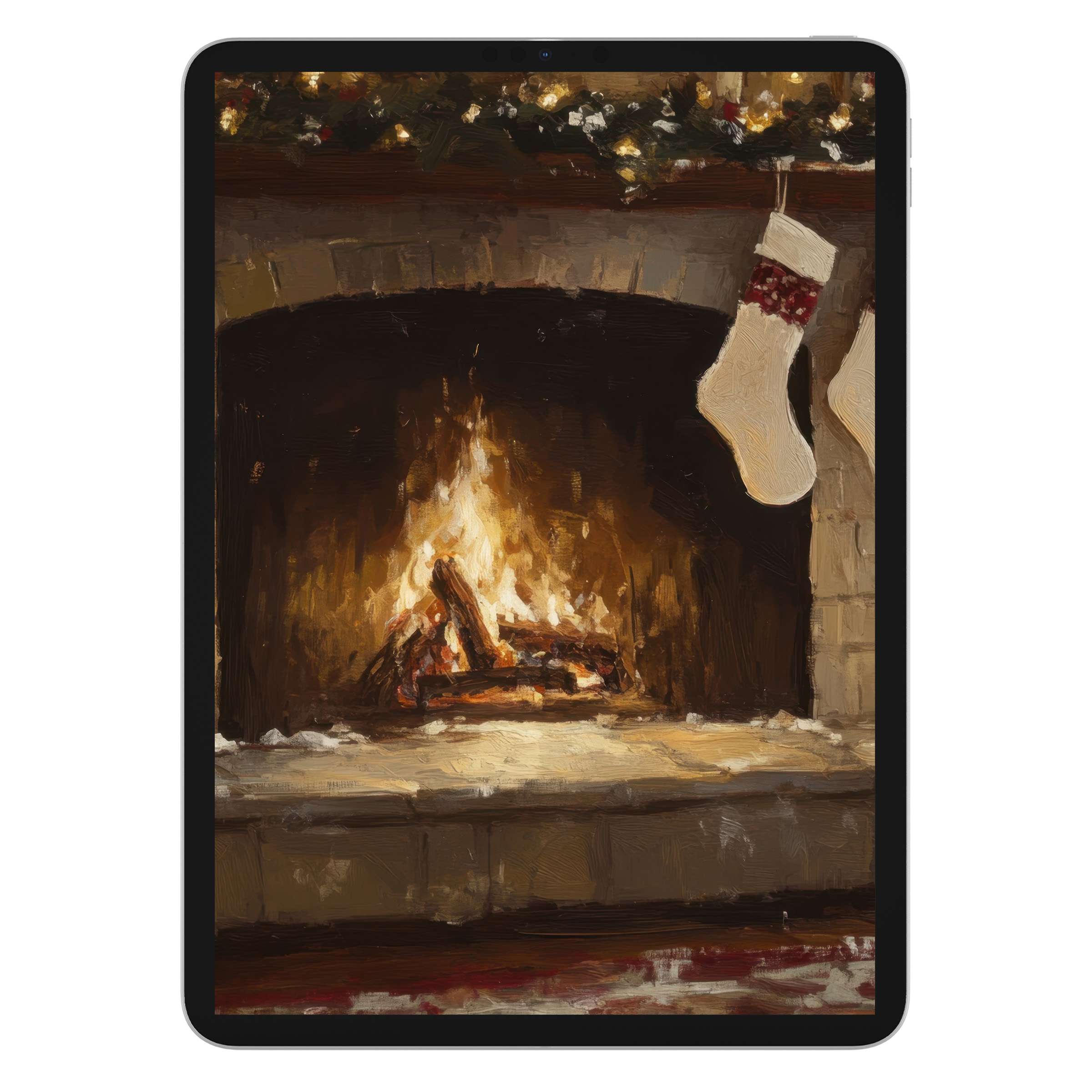 Cozy Christmas iPad wallpaper featuring a warm fireplace and stockings offers a digital download for elegant tablet backgrounds