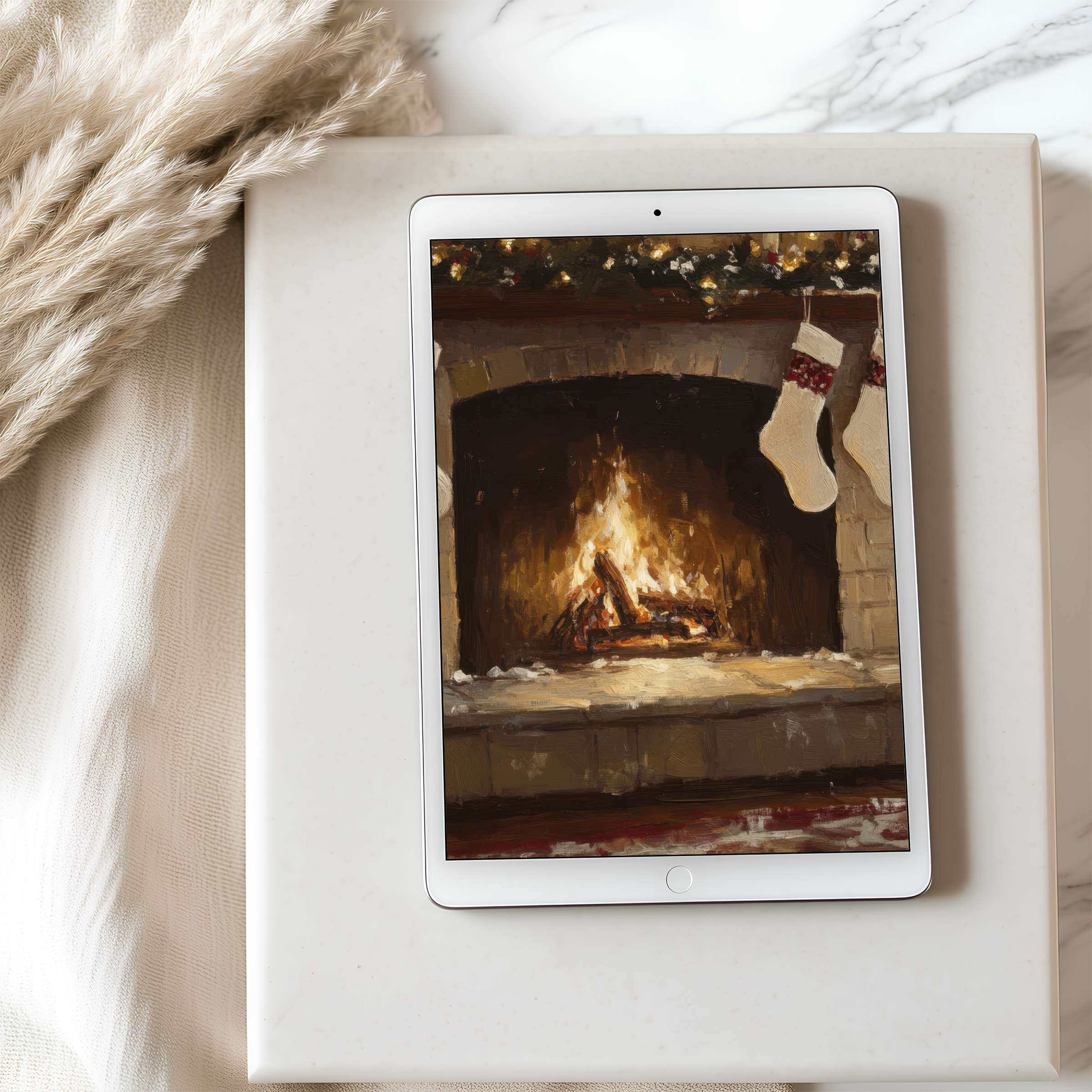 Elegant tablet wallpaper depicting a cozy, warm fireplace scene with stockings, ideal for high-resolution digital download on iPad and Android devices