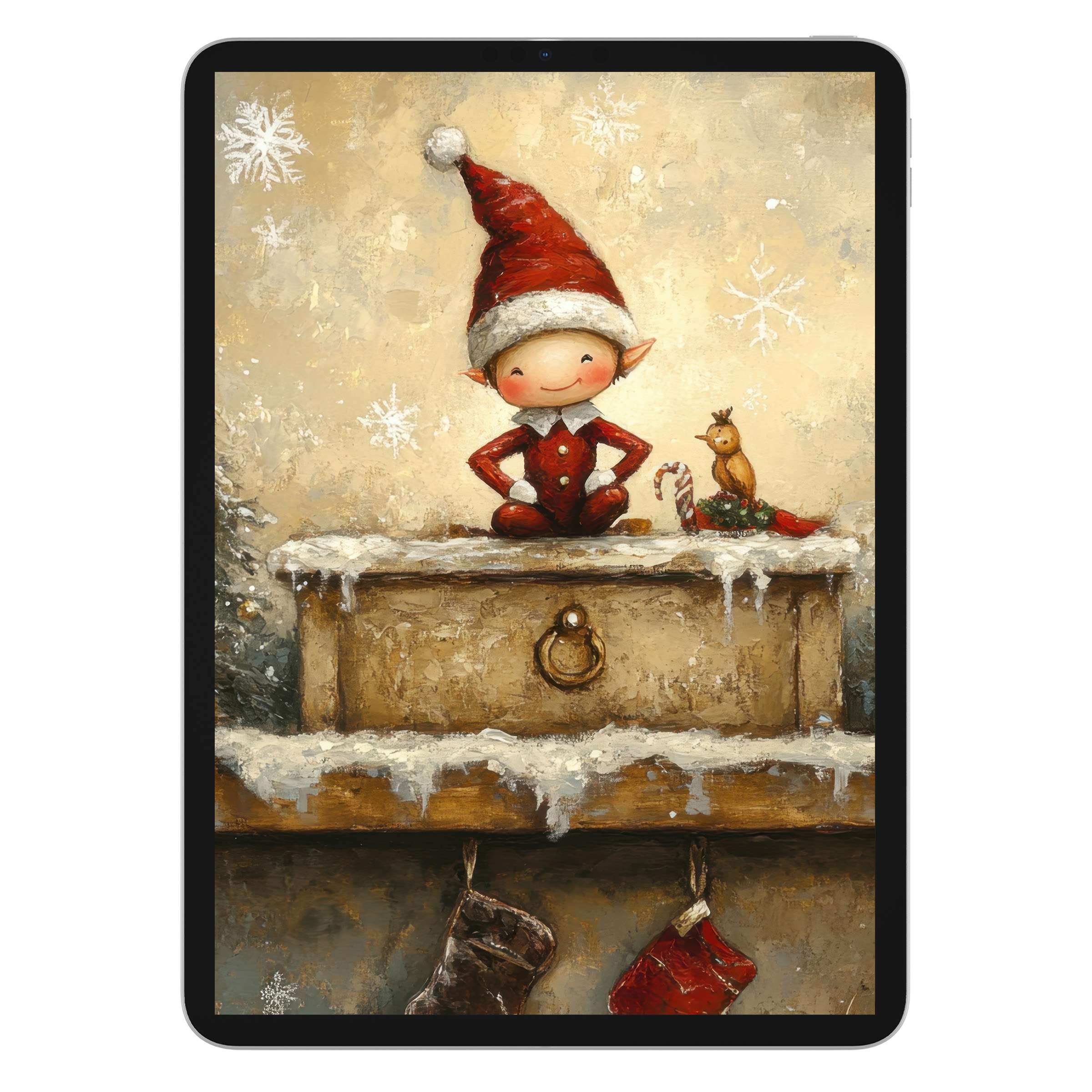 Charming christmas iPad wallpaper showcasing a cozy elf painting for tablet background ideal for digital download and holiday joy