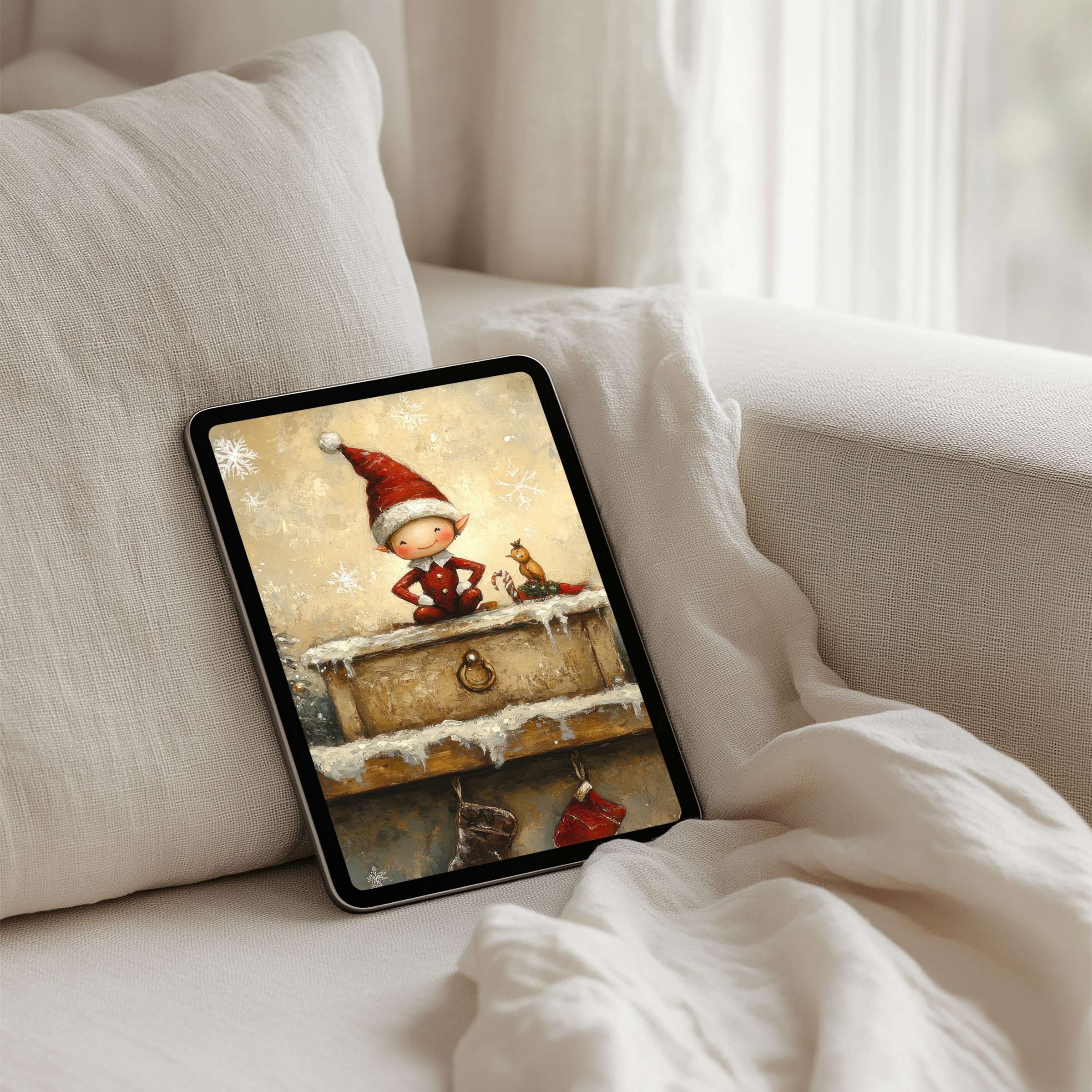 Whimsical holiday iPad background featuring a charming elf available for instant download perfect for any tablet user seeking joy
