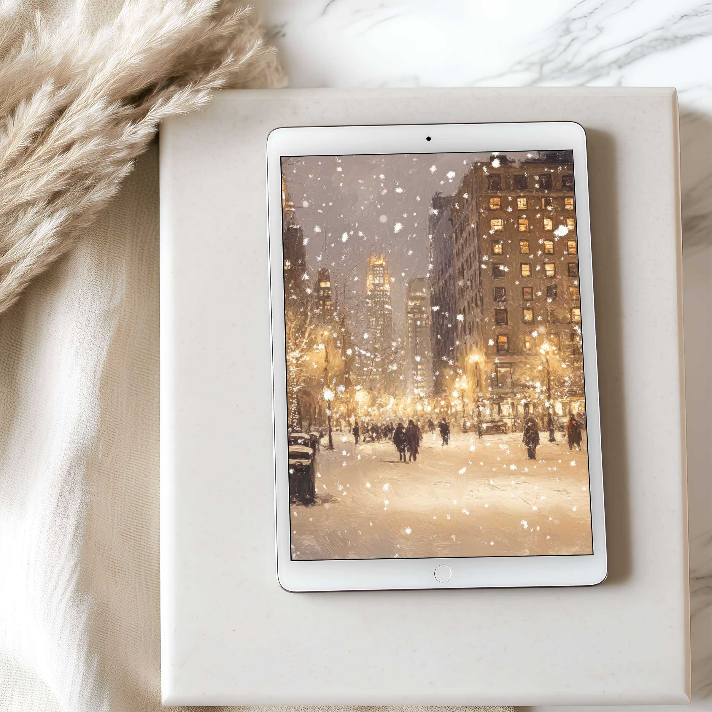 Elegant snow-covered cityscape tablet wallpaper on iPad, offering a serene, high-resolution digital download for stylish interiors