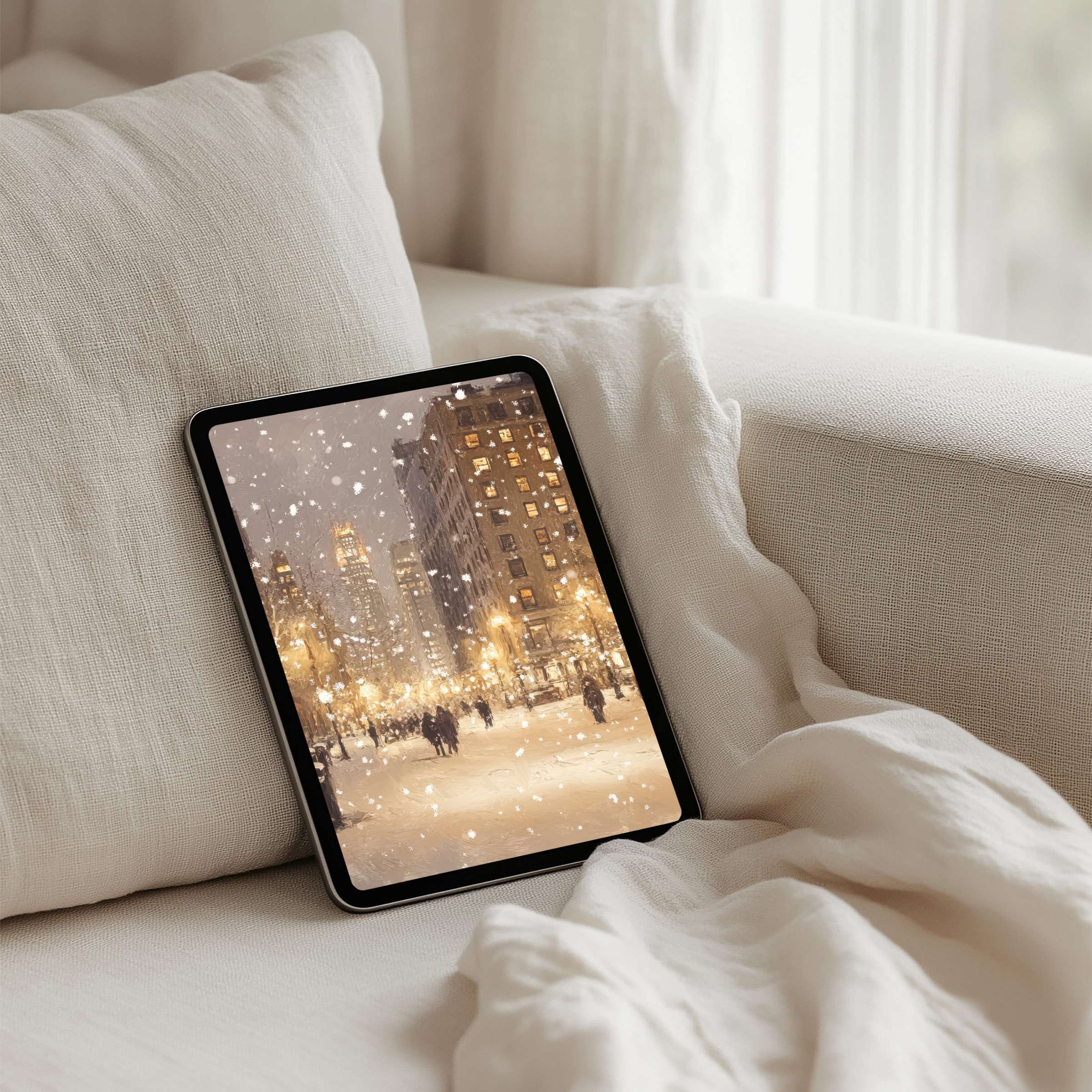 Elegant snowy cityscape iPad background for instant download brings calm elegance to any tablet, inspiring mindfulness and warmth