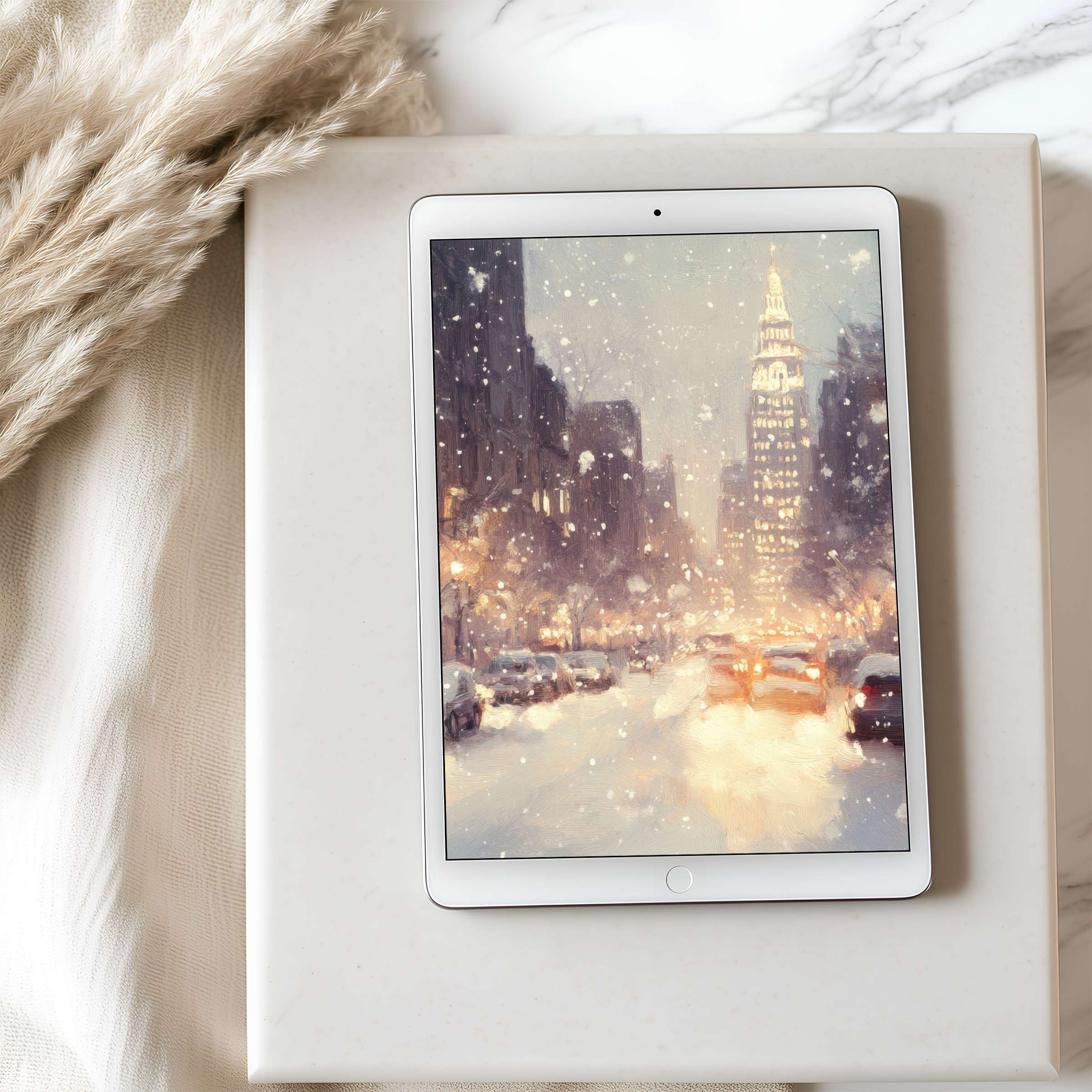Elegant tablet wallpaper showcasing a serene winter cityscape, perfect for iPad, curated for calm aesthetics, and easy digital download