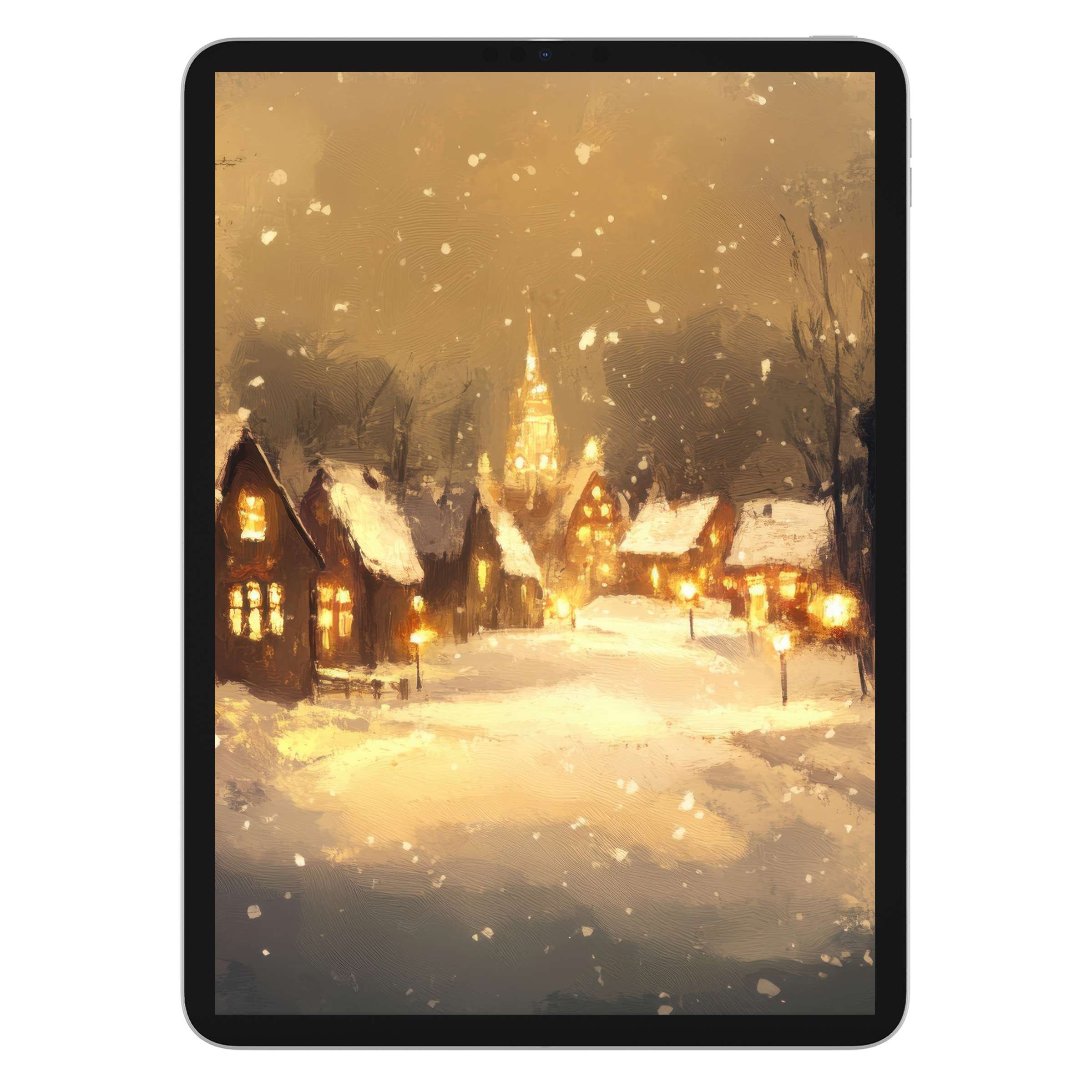 Christmas iPad wallpaper digital download features a serene snowy village scene with warm lights perfect for tablet backgrounds