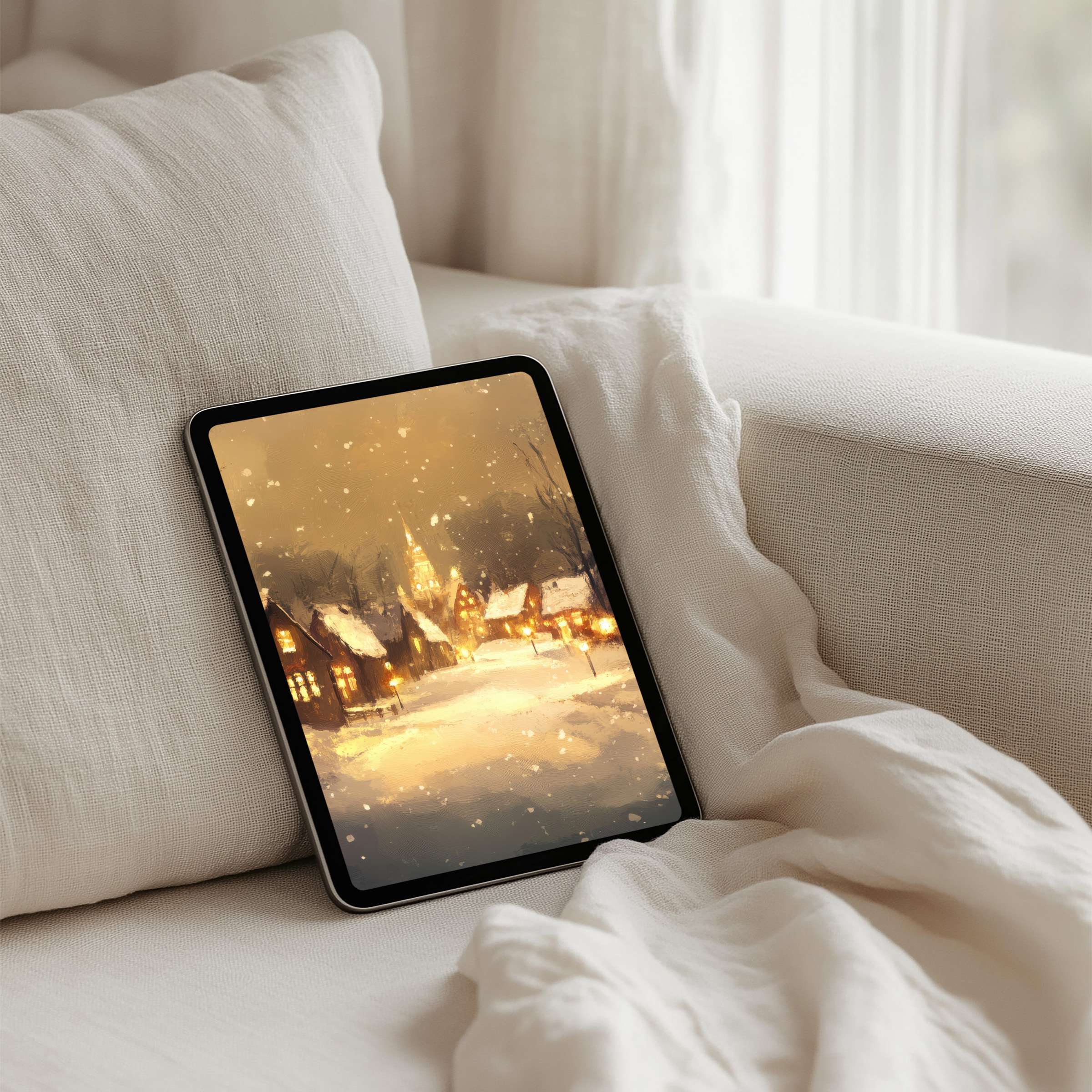 Cozy winter village iPad background for instant download brings calm elegance to your tablet and enhances mindful moments