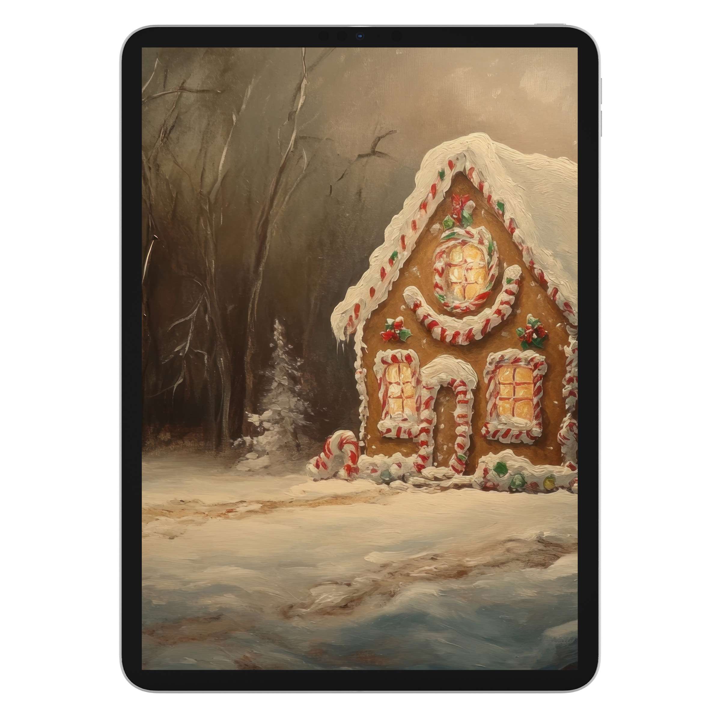 Elegant christmas iPad wallpaper features a serene gingerbread house painting, perfect digital download for tablet backgrounds and Androids