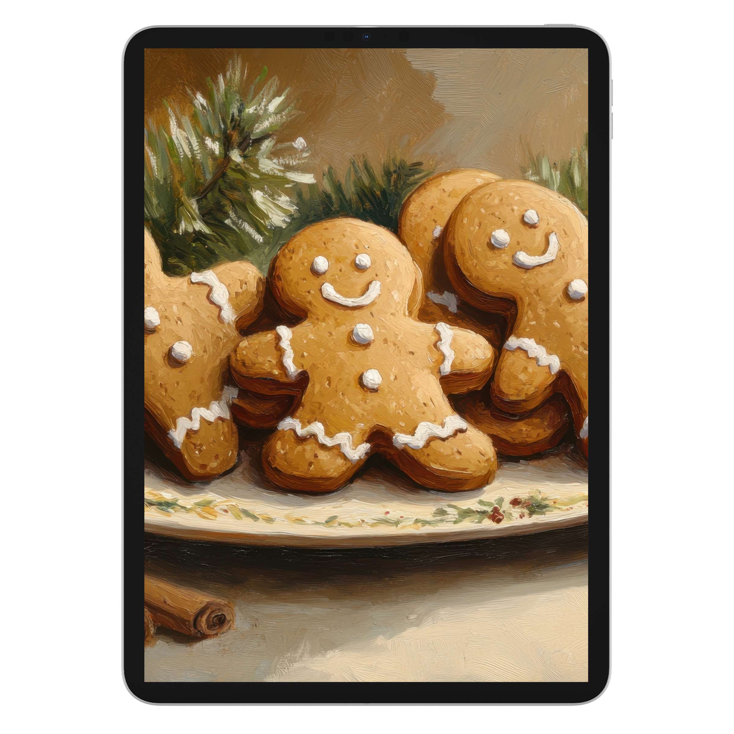 Festive christmas iPad wallpaper featuring gingerbread cookies, evoking warmth and elegance, perfect digital download for tablet background