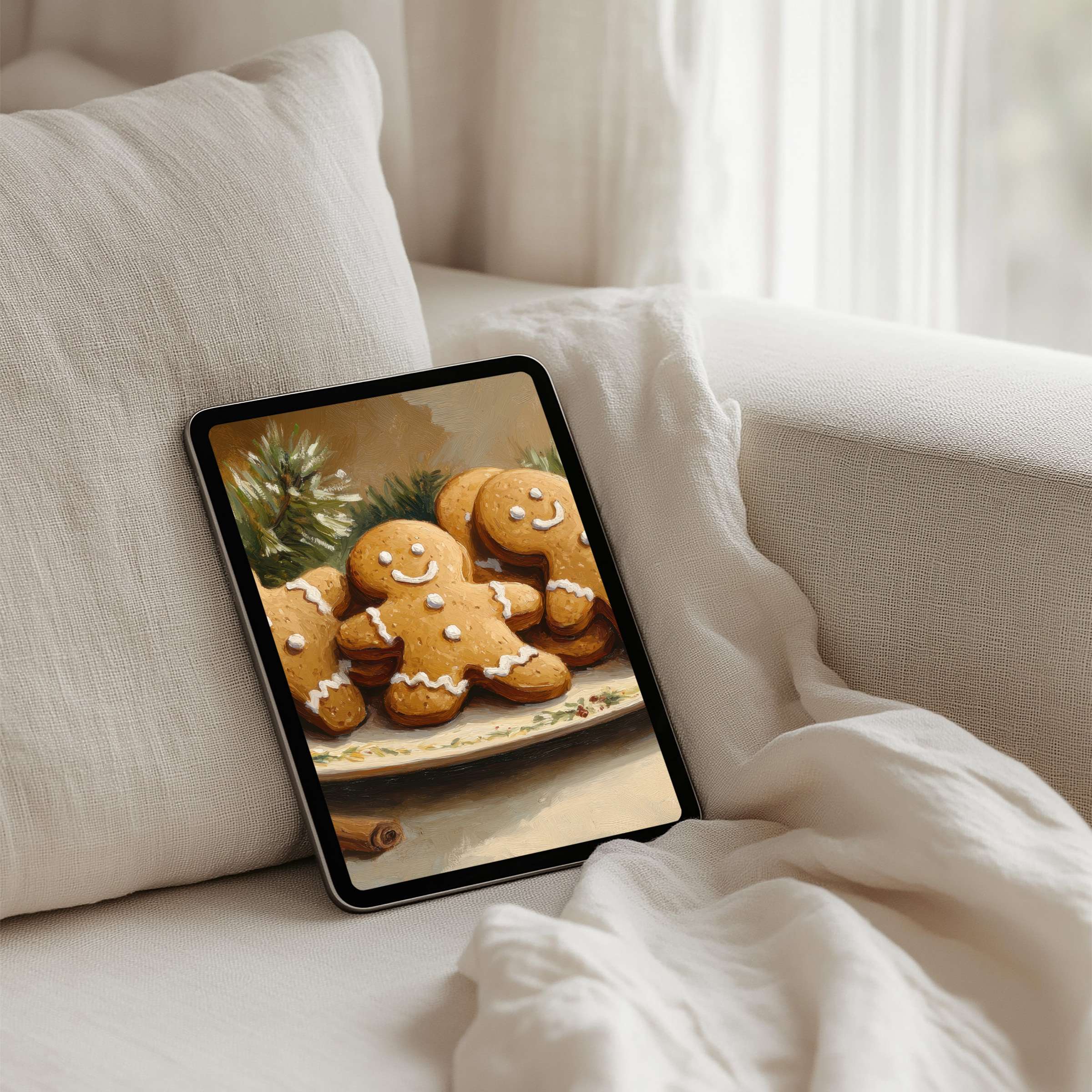 Warm and inviting iPad background featuring gingerbread cookies offers instant download for tablet users seeking cozy inspiration