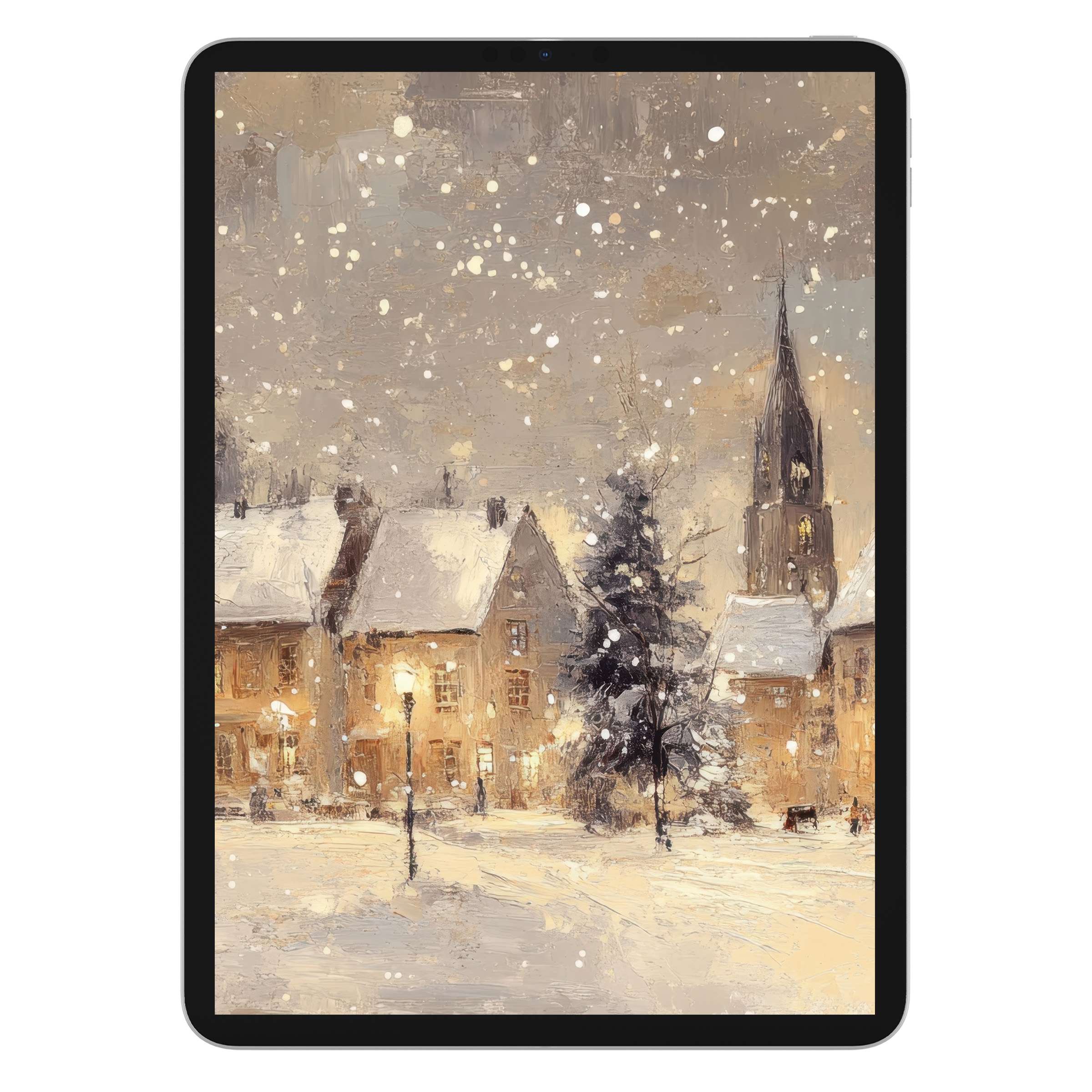 Christmas iPad wallpaper with serene snow-covered village, digital download for elegant tablet background, perfect for cozy winter vibes
