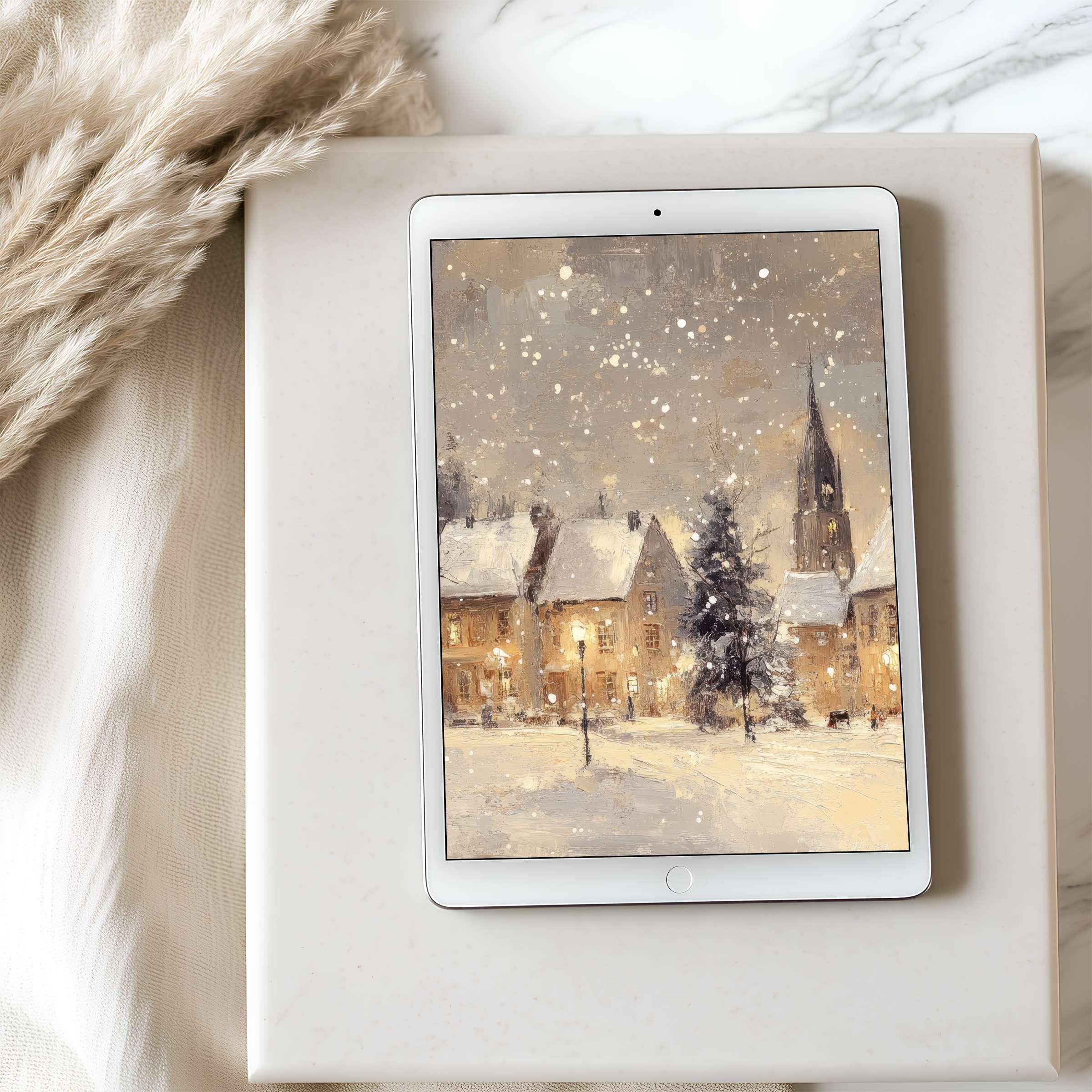 Elegant winter village scene tablet wallpaper with soft snowflakes and warm lights designed for high resolution iPad and Android display