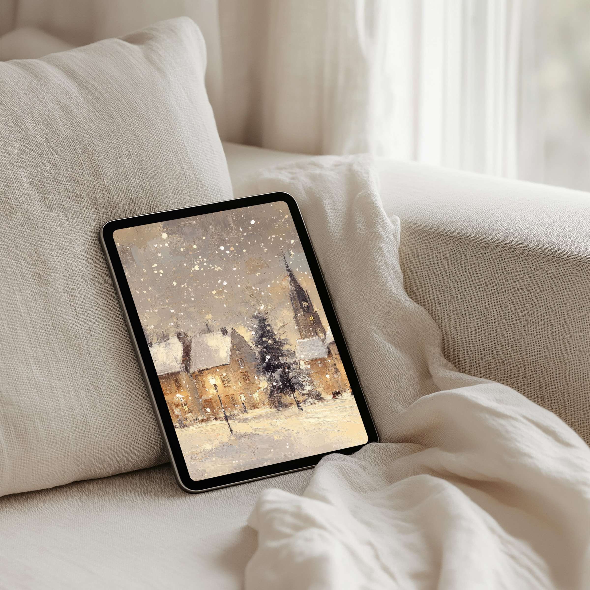 Elegant snowy village iPad background for instant download inspires calm and mindfulness on your tablet screen fitting all devices