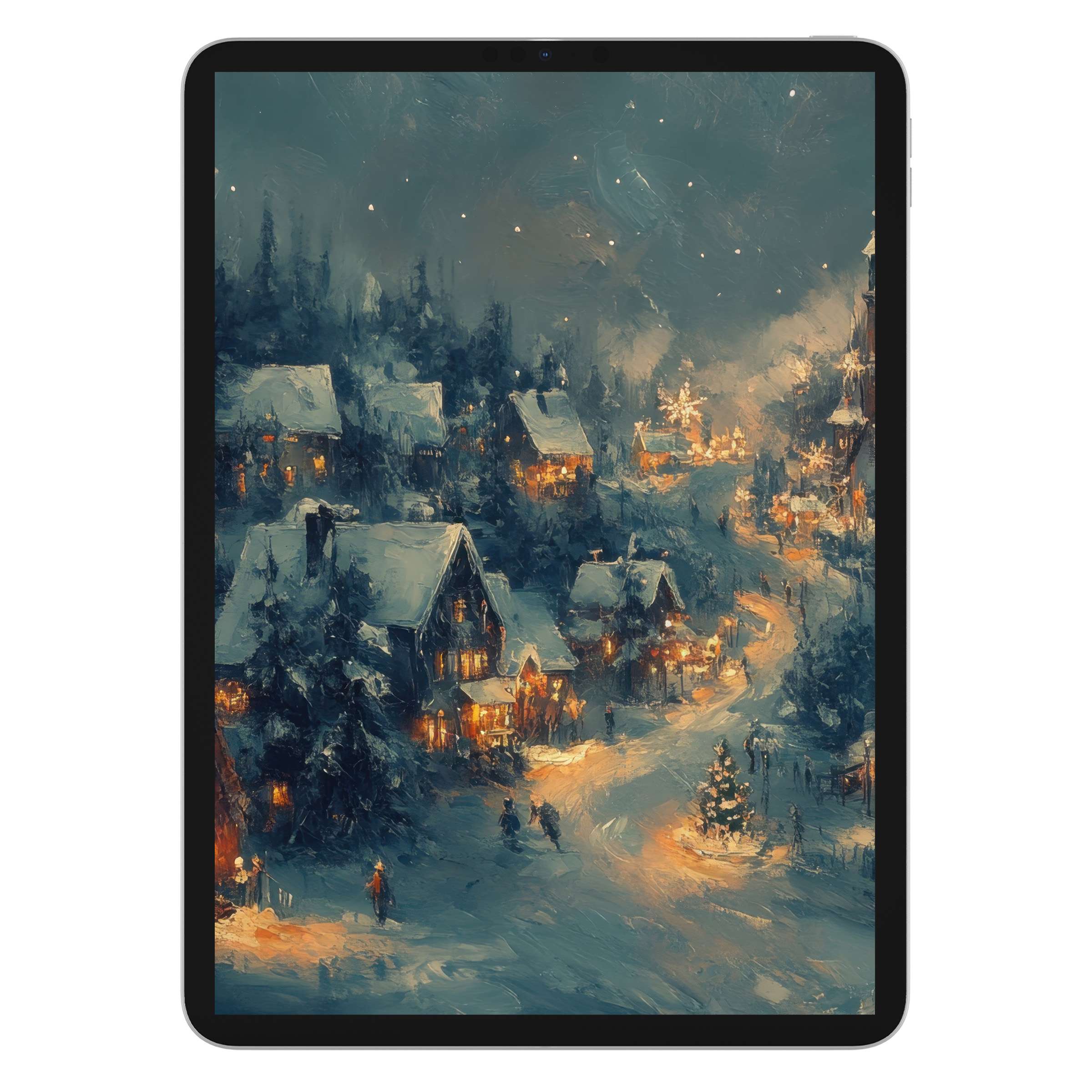 Enchanting Christmas iPad wallpaper digital download, featuring snowy village scene, ideal tablet background for serene holiday ambiance