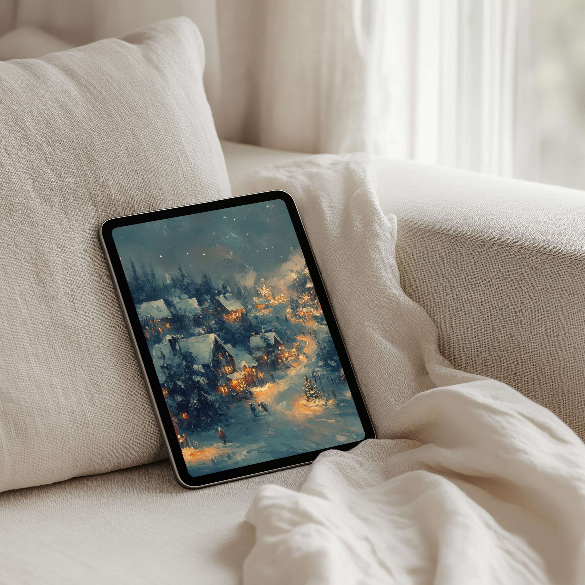 Cozy winter scene on iPad background offers instant download for tablet users seeking elegance, calm, and seasonal inspiration